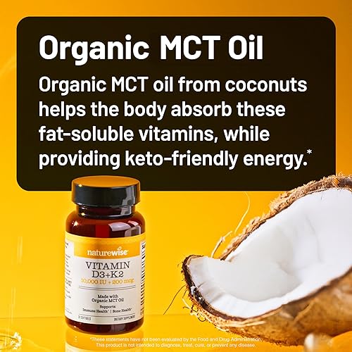 Miniatura 5 de NatureWise Vitamina D3 + K2 vegana en aceite de coco orgánico MCT  D3 natural 10000IU + K2 natural 100 mcg  Soporte óseo de alta absorción  Sin OMG