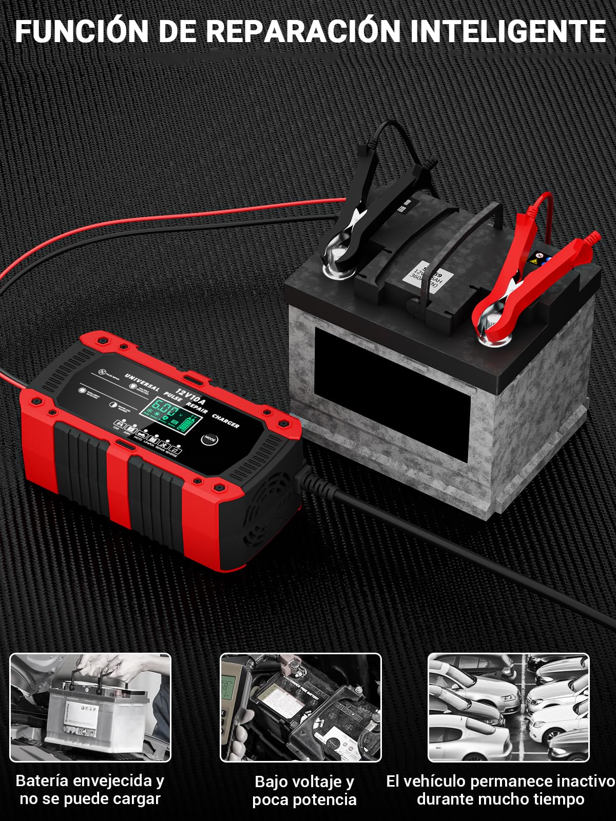 Cargador de Batería de Coche 12V 10A Cargador Baterias Coche y Moto con Pantalla Táctil LCD Inteligente y Múltiples Protecciones Cargador de Batería para Auto Moto Camión AGM, Gel, SLA