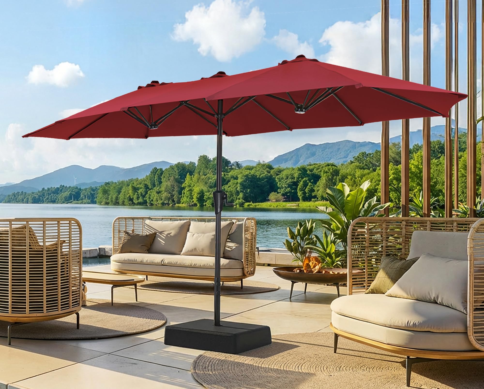 superjare 13ft outdoor patio umbrella with base included, double sided pool umbrellas with fade resistant canopy, large table umbrella for deck, market, backyard - burgundy