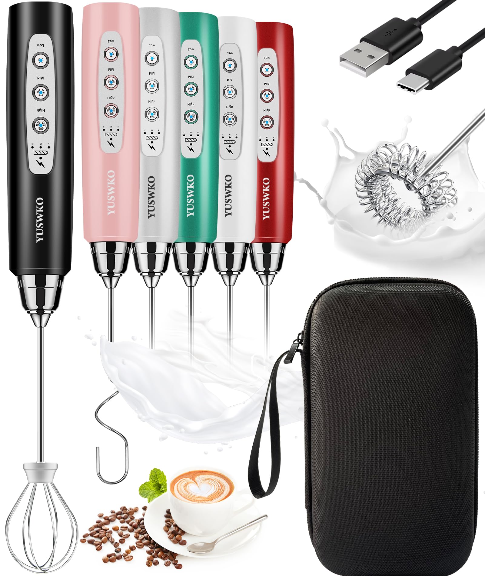 YUSWKO Rechargeable Milk Frother Handheld Frother Wand Drink Mixer for Coffee, Electric Whisk 3 Speed Adjustable, Coffee Foamer Maker with 3 Stainless Whisks Ideal Stirrers for Travel - Black