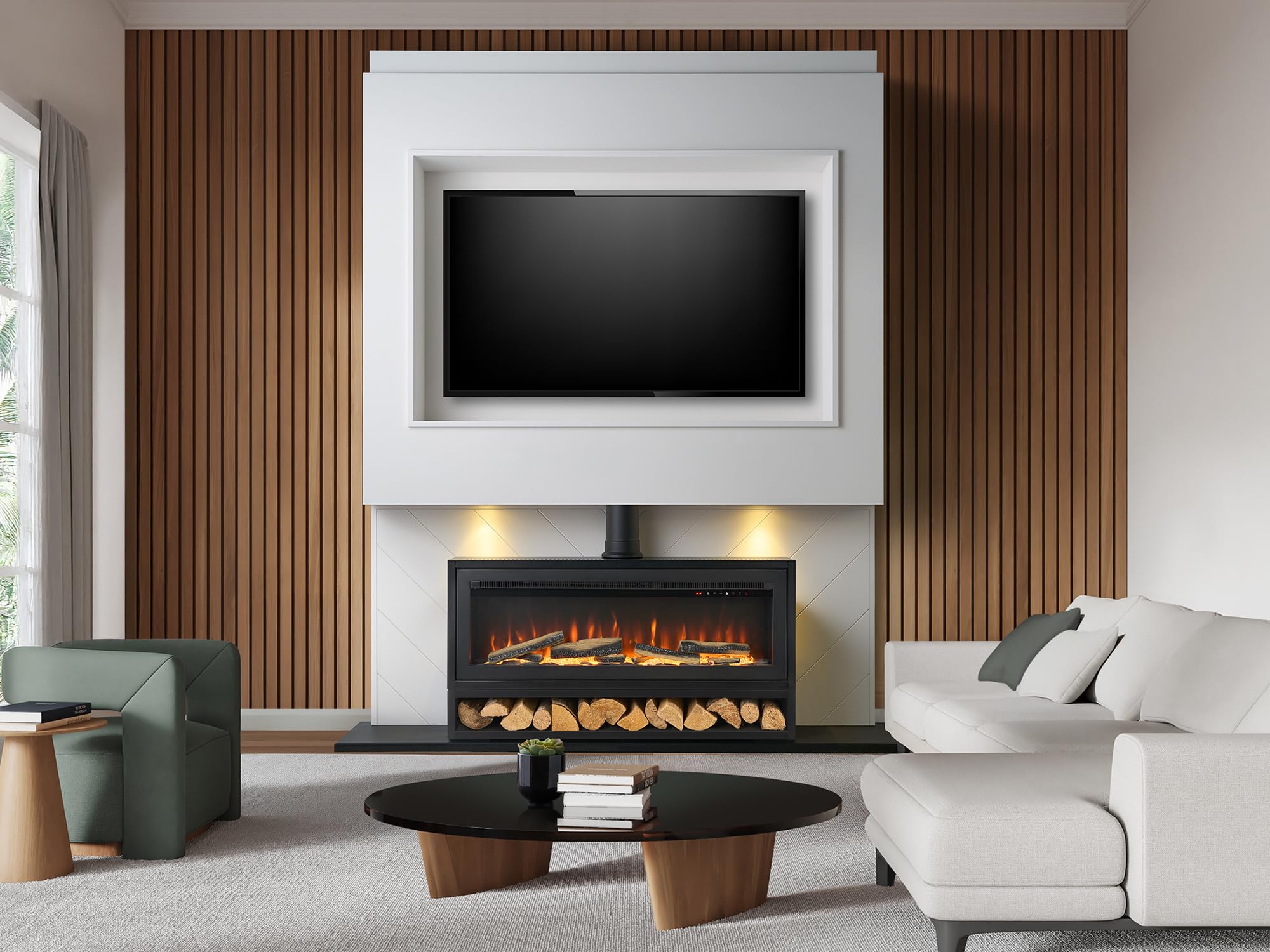 Acantha Natural Pre-Built Slatted Media Wall 3 With Vision Electric Media Stove & Log Store In Black