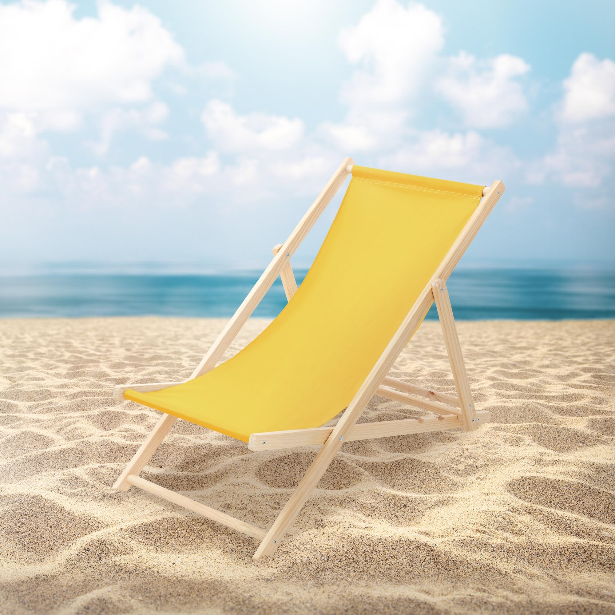 ECD Germany Lot de 2 Chaises Longues Pliantes en Bois Chiliennes, Jaune, Dossier Réglable, 3 Positions de Couchage, jusqu'à 120kg, Bain de Soleil en Tissu pour la Plage Jardin Terrasse Camping