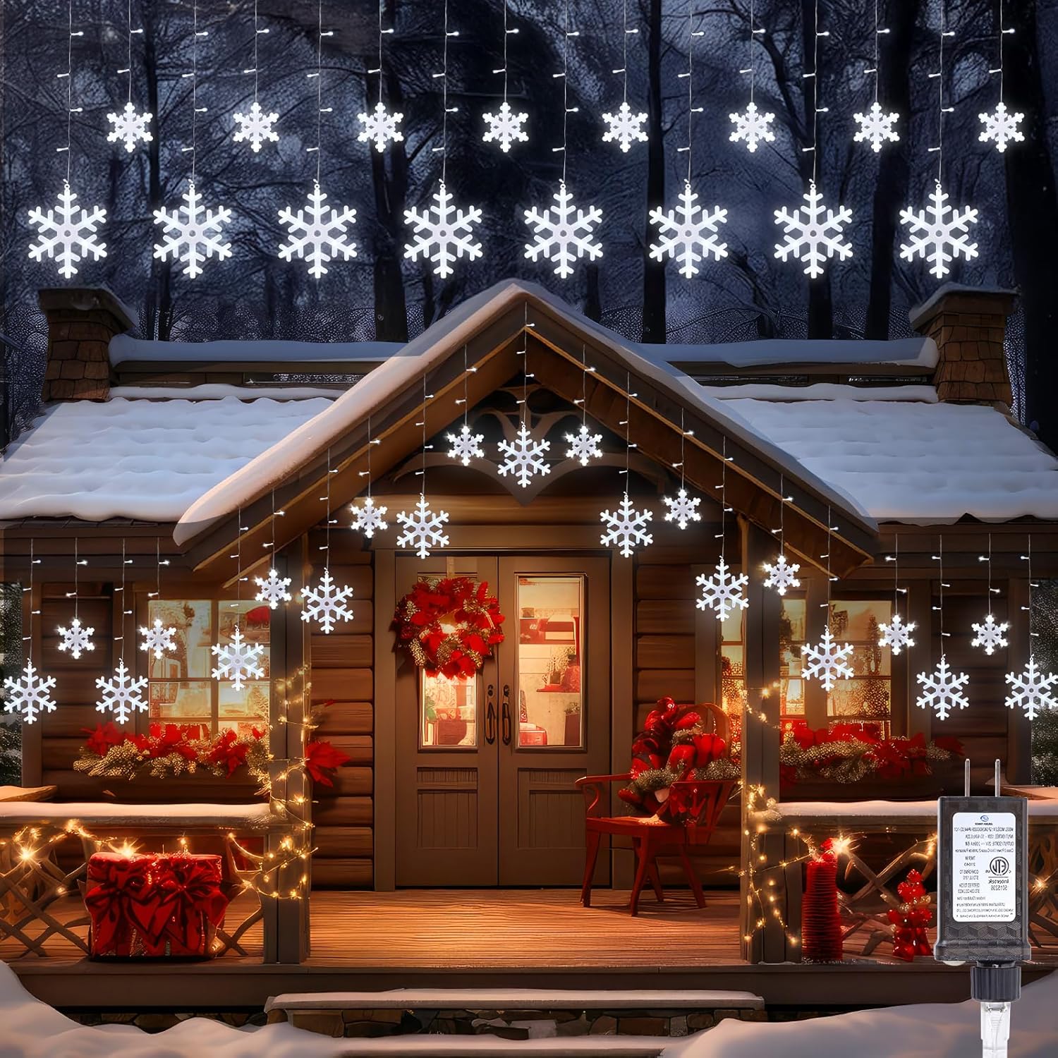 Brightown Christmas Snowflake Lights Outdoor - 13FT 192LED Snowflake String, 16 Drops, 12 Modes, Timer, IP65 Waterproof, Connectable Xmas Lights for Eaves Windows, Indoors & Outdoors