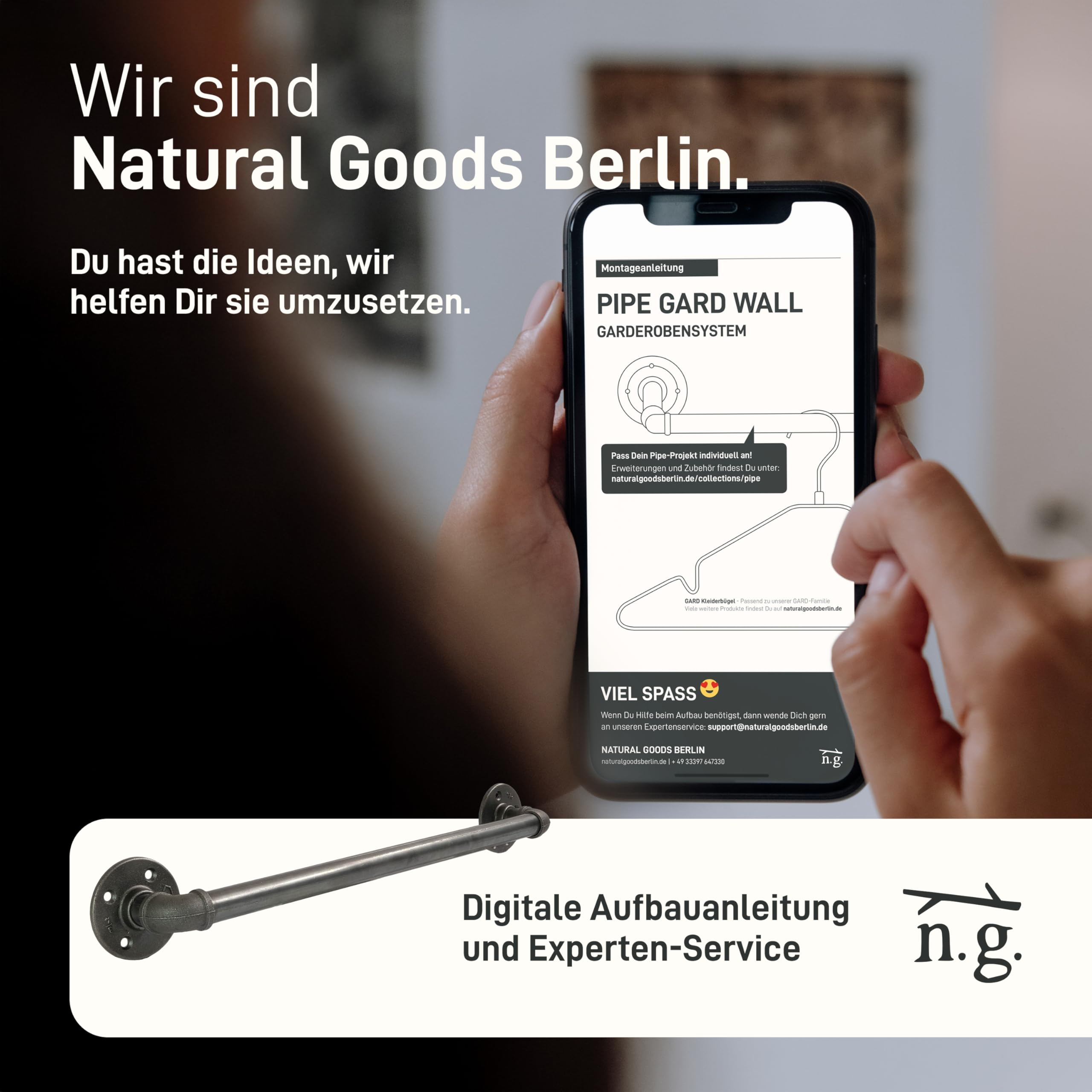 Natural Goods Berlin Kleider-Stange Pipe GARD Wall | Einfache Wand-Montage | Garderoben-Stange im Industrial Design | Kleider-Stangen aus Metall | DIY-Garderobe Temperguss | T6cm * B40cm