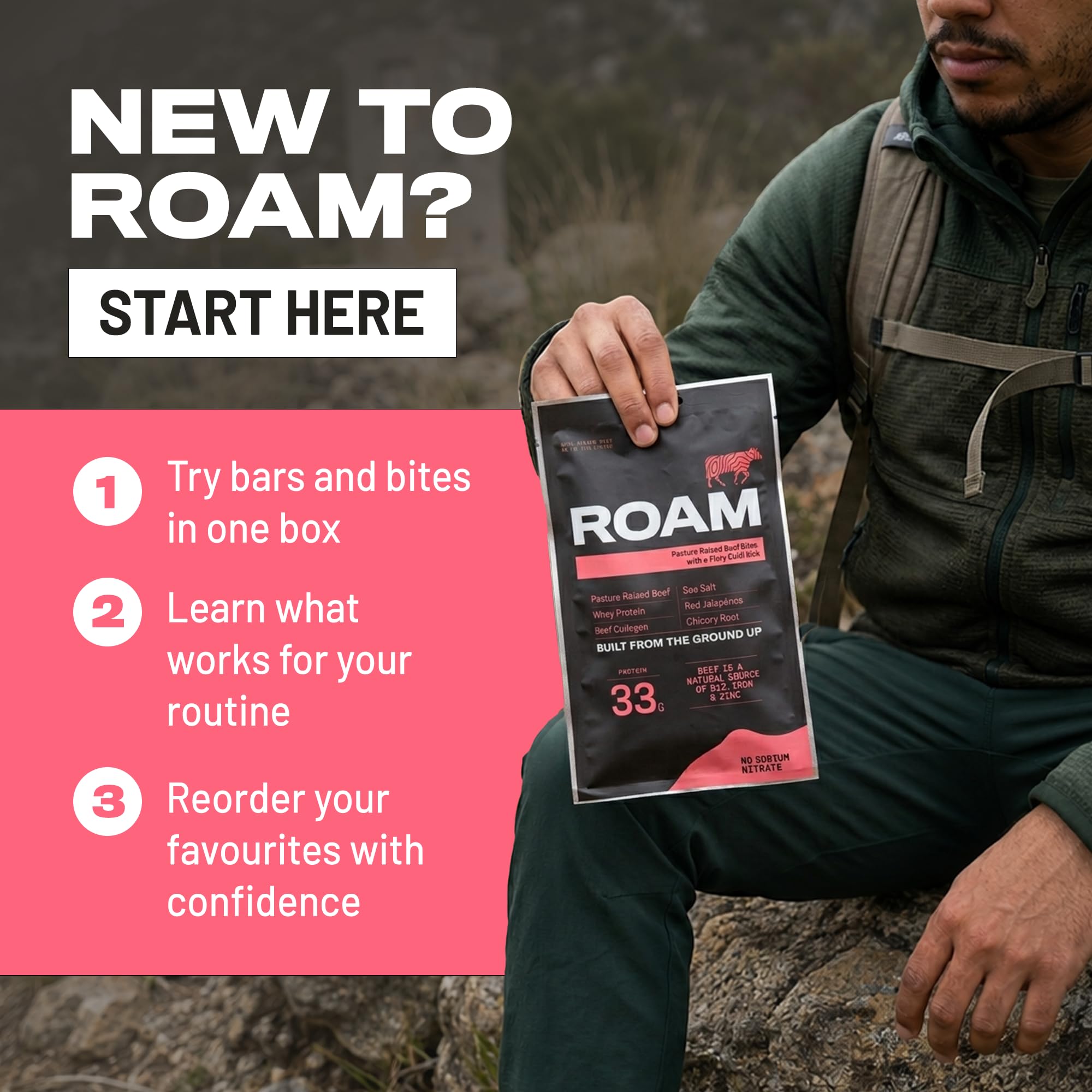 ROAM Beef Jerky Taster Pack, High Protein Snacks, 4er Probierpackung (2 x Beef Jerky Bars 45g, 2 x Beef Bites 70g) | Weiderindfleisch, wenig Zucker, ohne künstliche Aromen oder Konservierungsstoffe