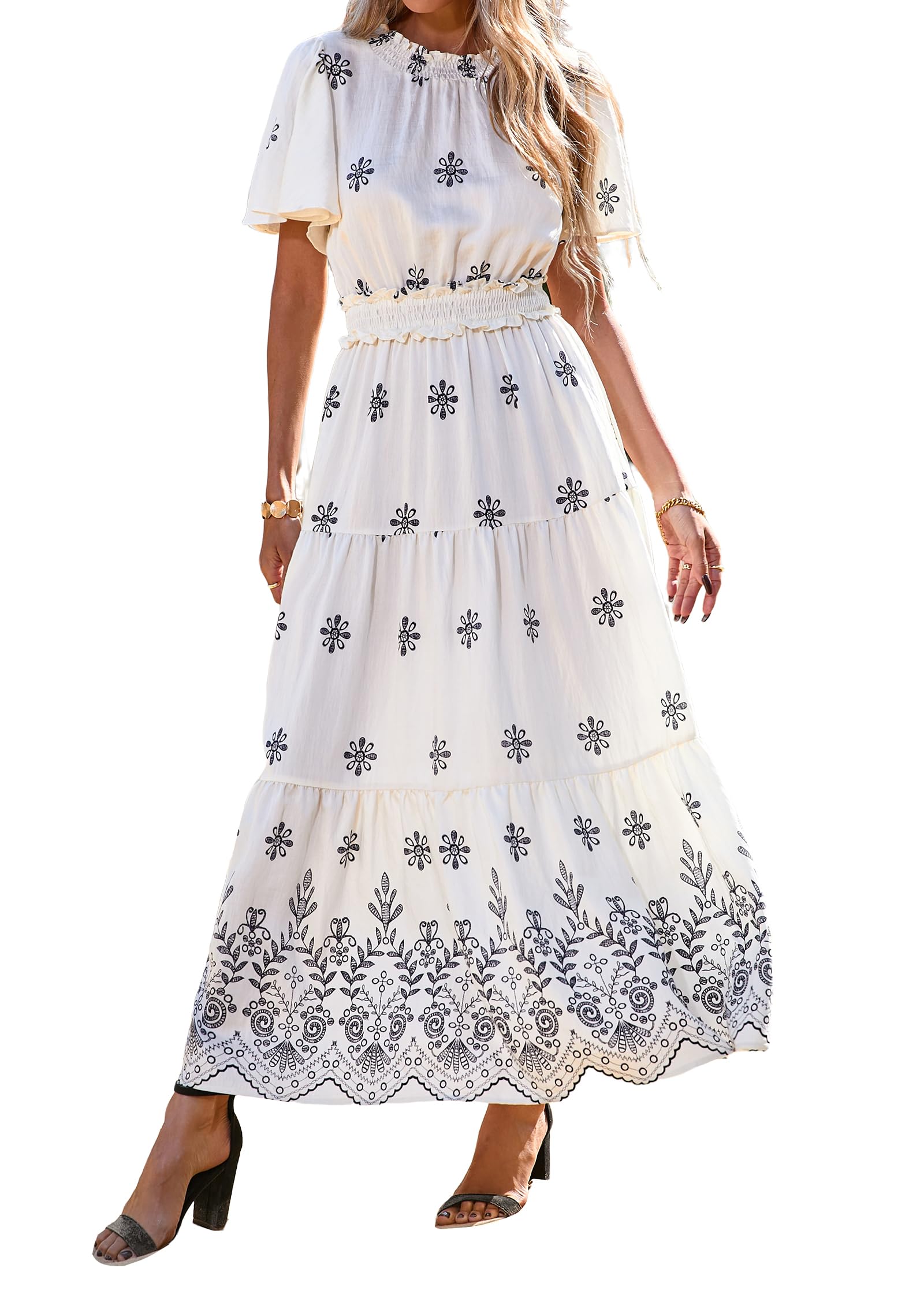 KIRUNDO Floral Maxi Dresses for Women 2026 Spring Summer Wedding Guest Short Sleeve Smocked Waist Flowy Beach Vacation Dress