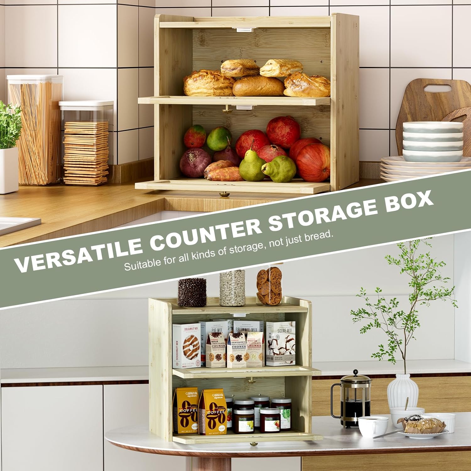 Bread Box for Kitchen Countertop Wooden Bread Storage Container Bin 2 Layer Corner Breadbox Large Capacity, Vintage Farmhouse Food Organizer Pantry Shelf with Window - Natural Bamboo