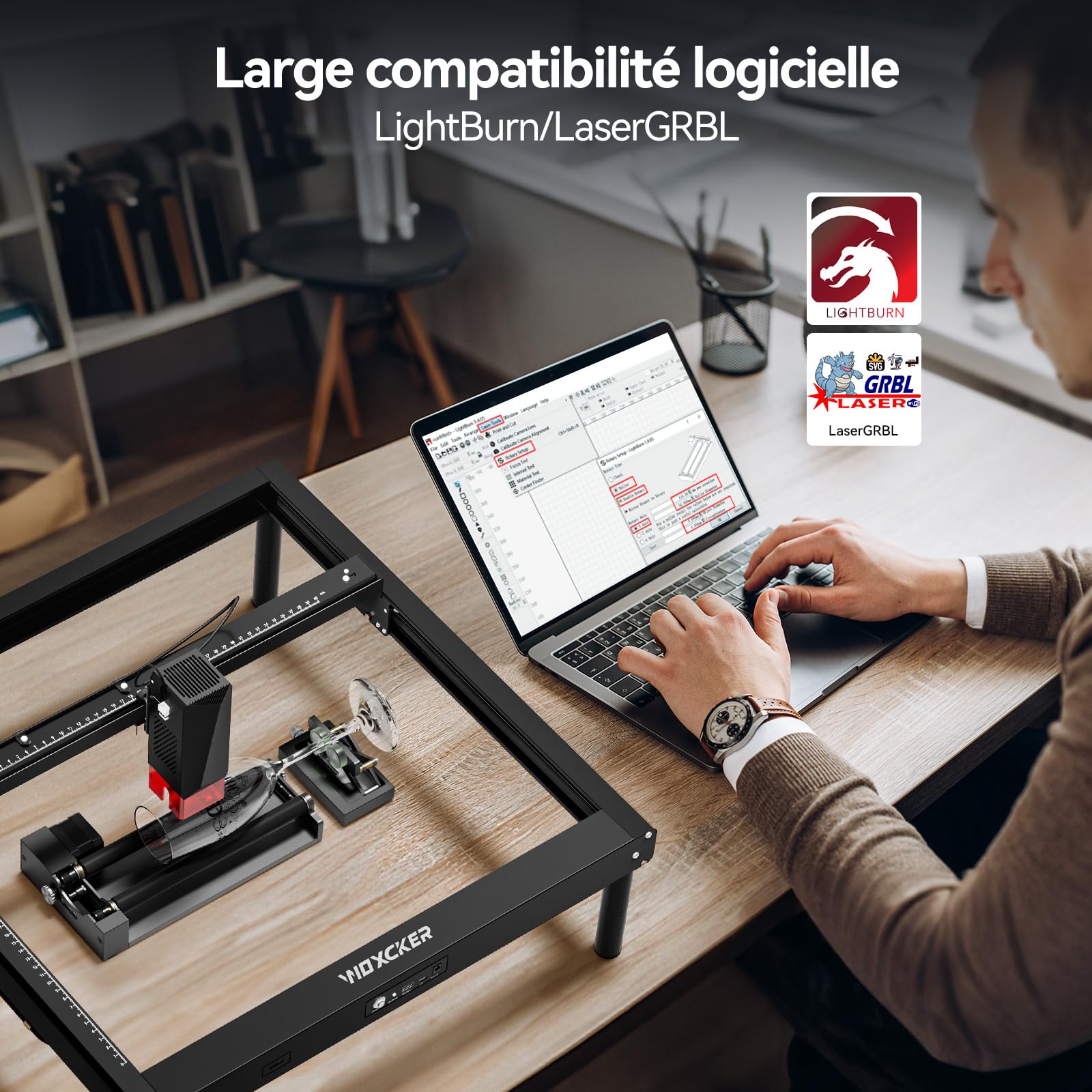 ARot5 Rouleau rotatif à 360° pour gravure d'objets cylindriques, tasses, bouteilles, stylos, réglable de 6 à 100 mm, compatible avec la plupart des machines de découpe et de graveur