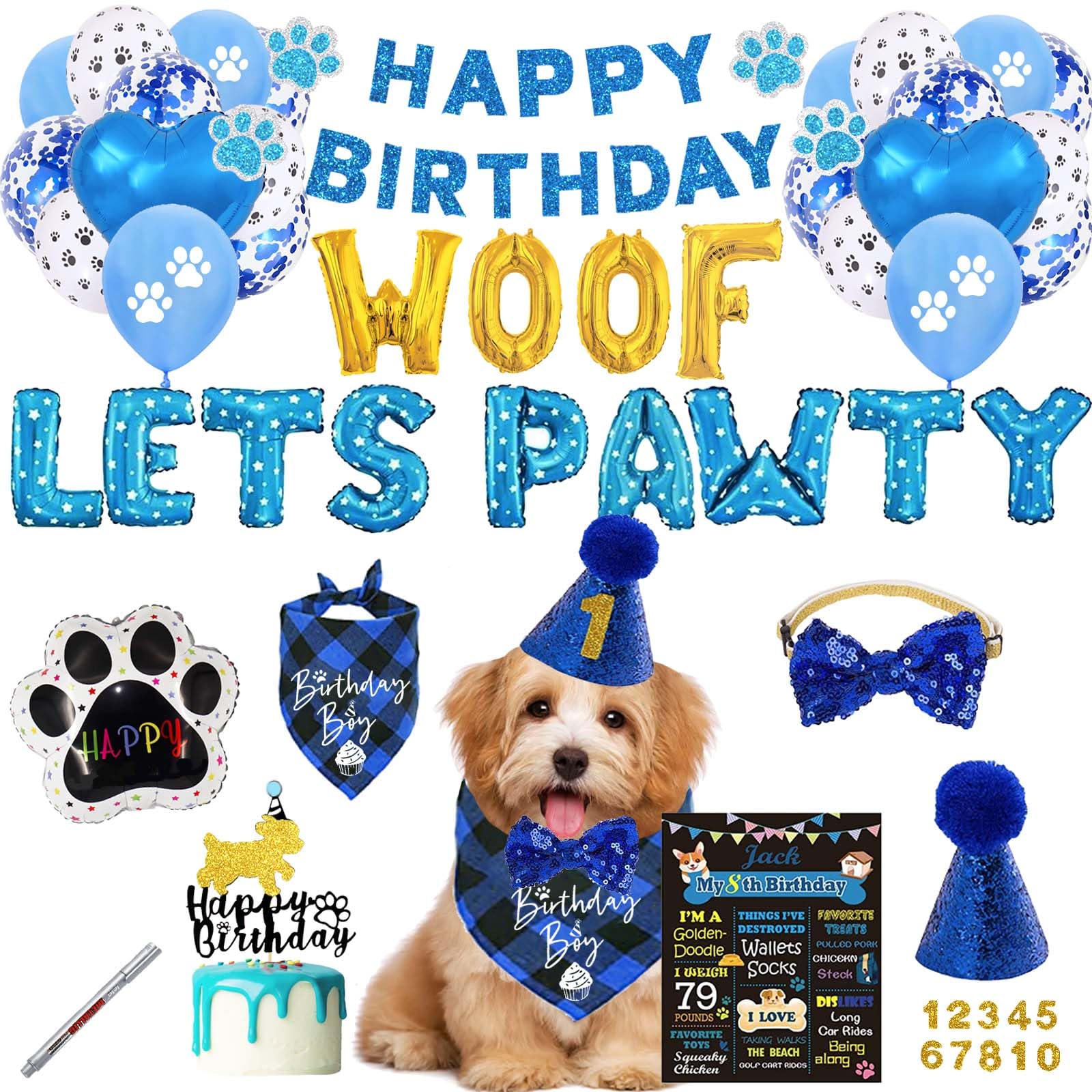 Dog Birthday Party Supplies, Hombae Puppy Dog Pals Birthday Party Supplies Balloon Let’s Pawty Banner Dog Hat Crown Bandage Bow Tie Poster Cake Topper