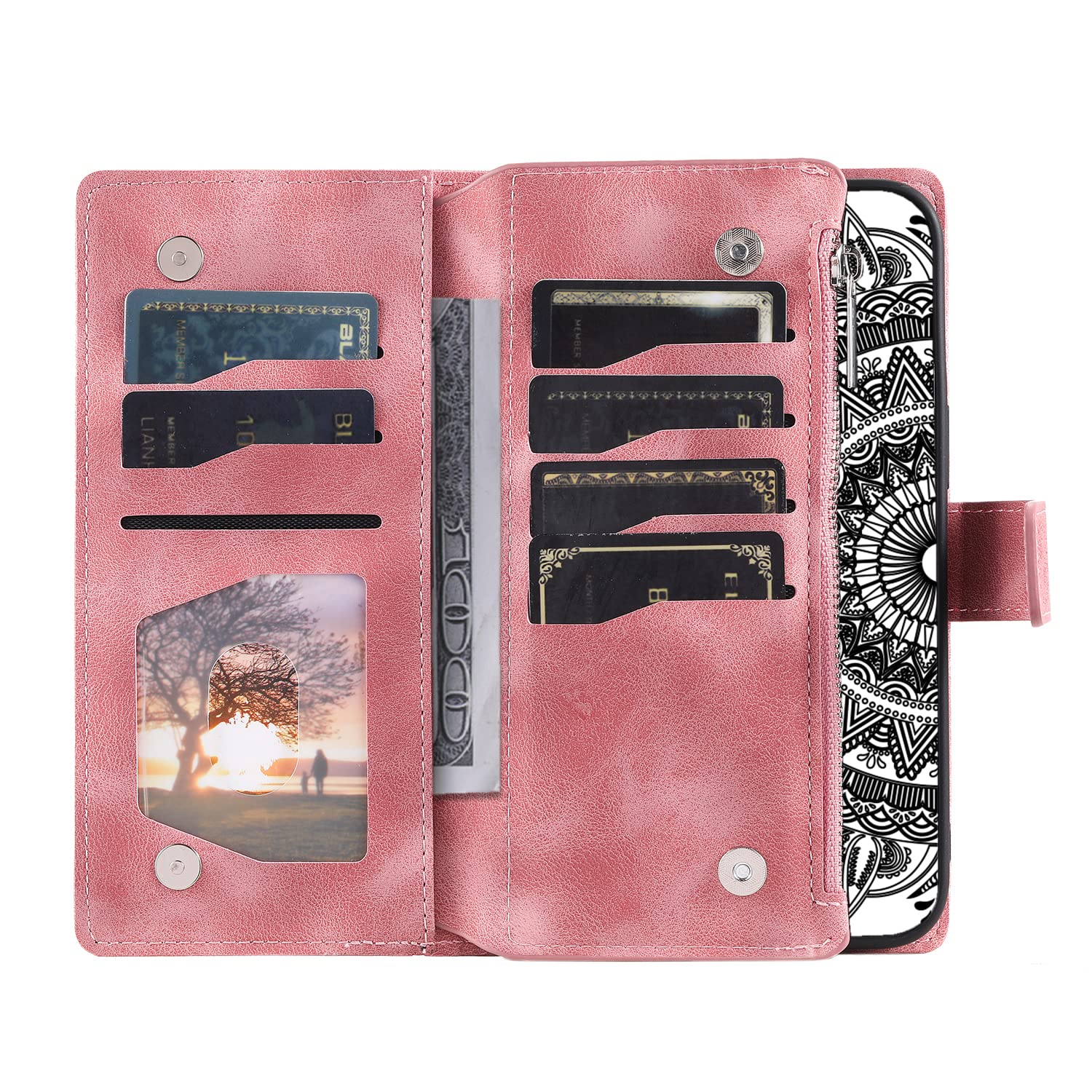 Custodia A Libro Con Portafoglio Per Google Pixel 8 - Motivo Floreale Rosa Con 8 Slot Carte - 2