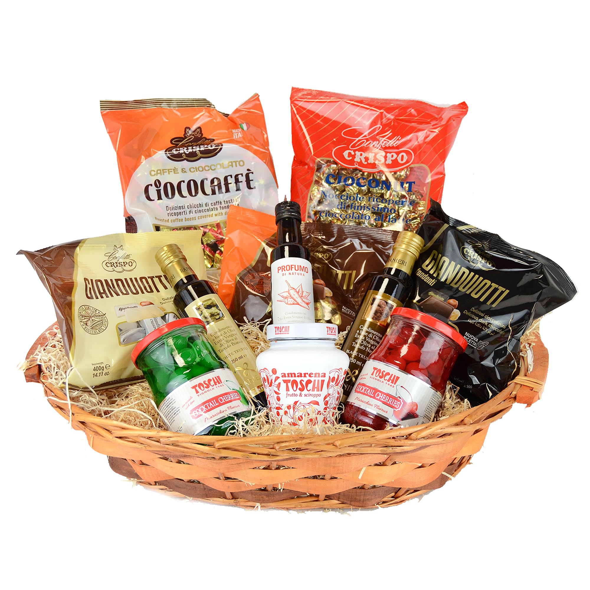 CESTO FESTE CON CILIEGIE VERDI E ROSSE CANDITE, AMARENE TOSCHI IN CONTENITORE CERAMICA DECORATO, OLIO AL TARTUFO BIANCO E NERO E OLIO AL PEPERONCINO + SELEZIONE DI CIOCCOLATINI CESTO REGALO