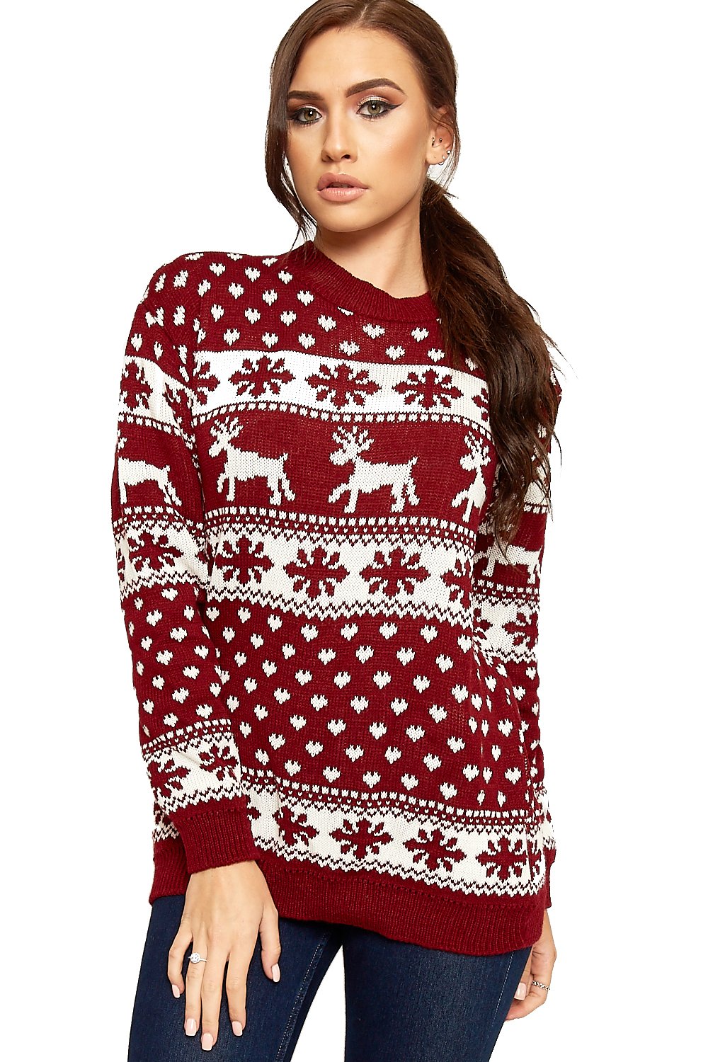 Wearall Women's Wine Reindeer Snowflake Long Sleeve Festive Sweater Christmas Jumper - 20-22