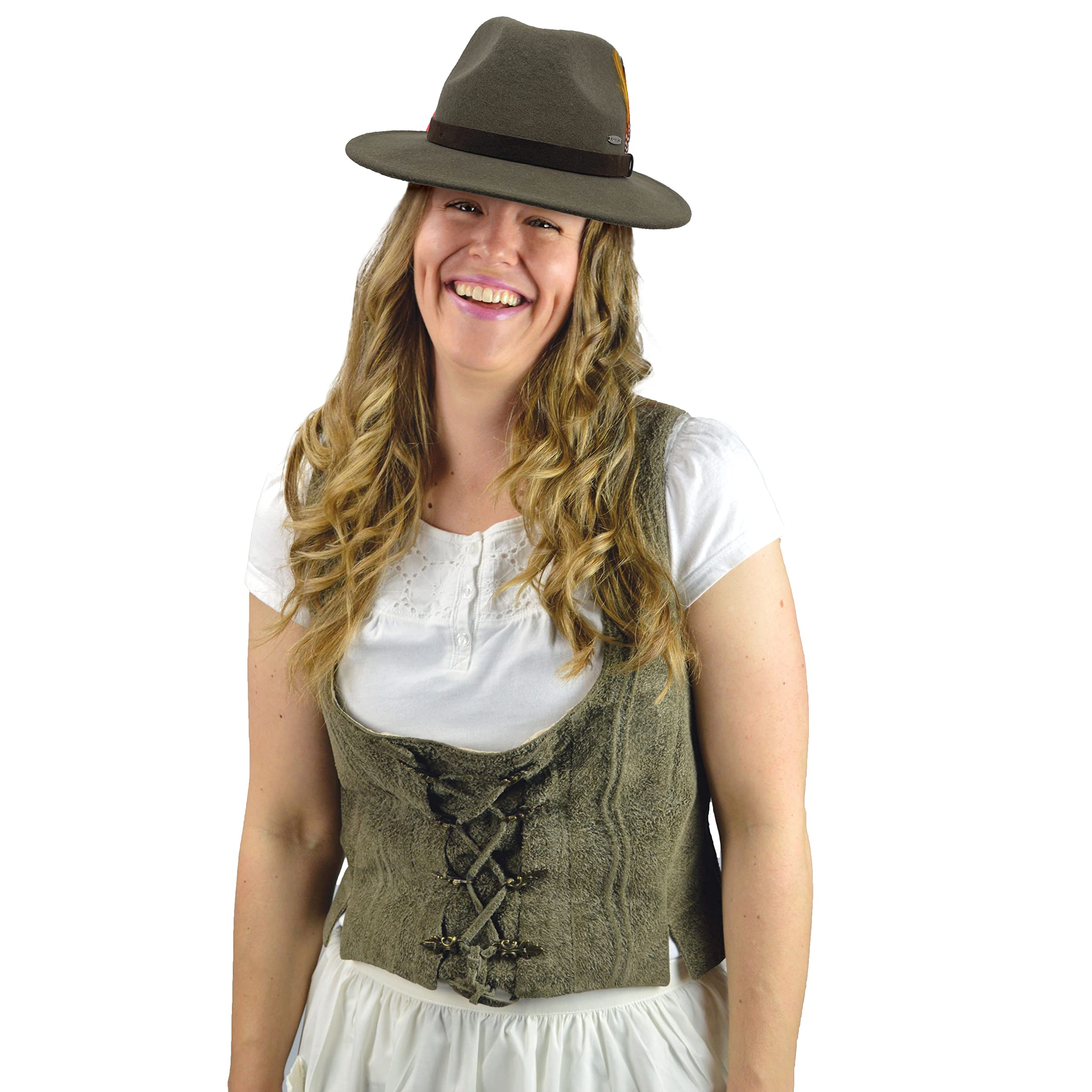 Oktoberfest Haus - German Hat Unisex - German Style Wide Brim Classic Alpine Feather & Band | Tyrolean Hat | Green