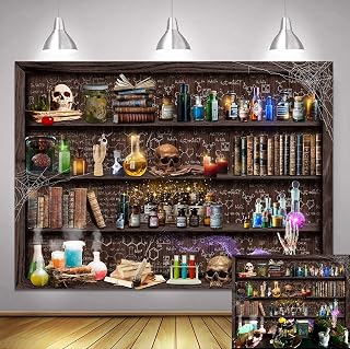 7X5FT Mad Scientist Laboratory Backdrop Kids Halloween Magical Bookshelf Background Creepy Skull Poison Apothecary Witch Baby Shower Party Supplies Decorations Banner