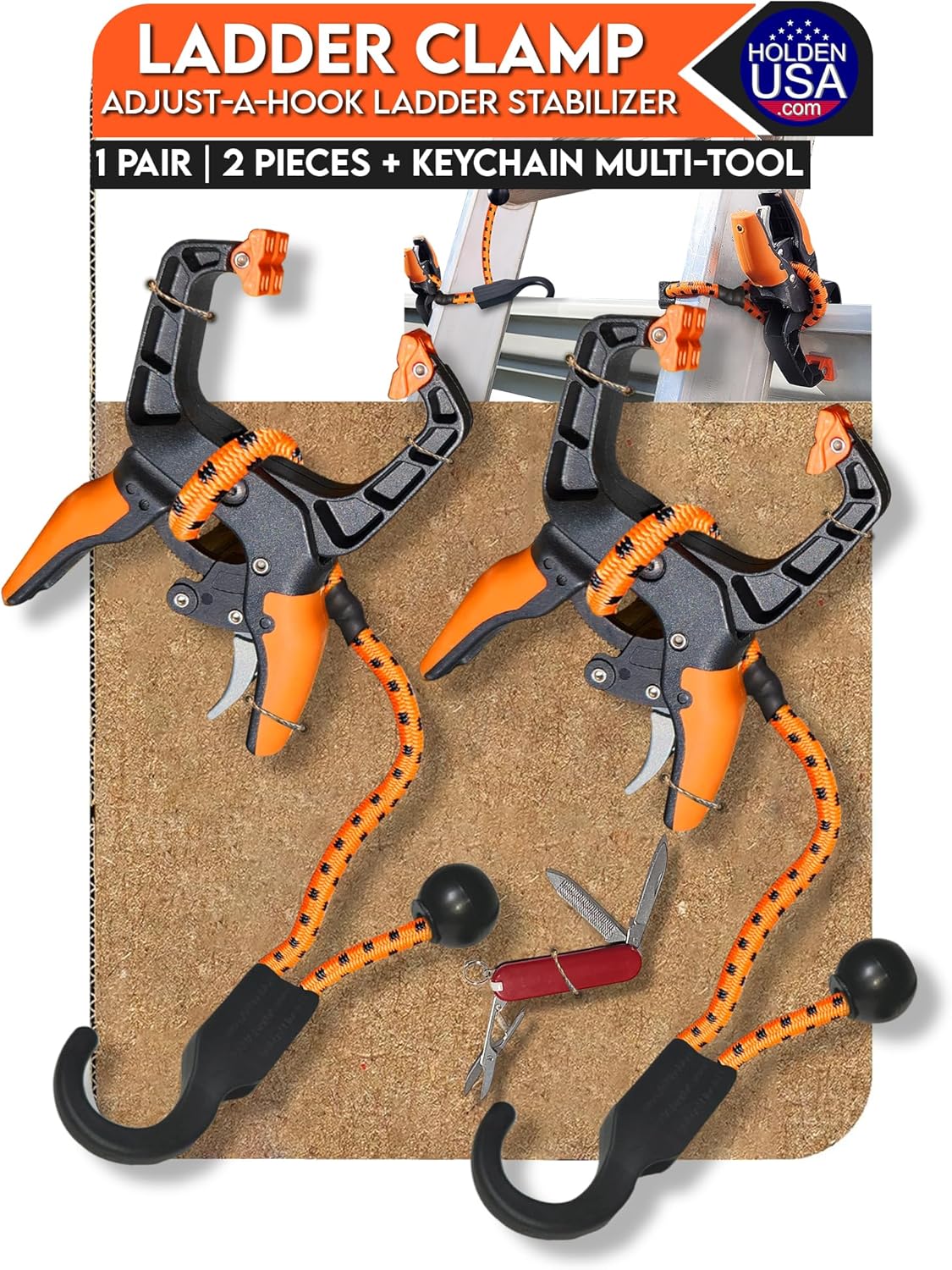 Holden USA - Ladder Clamp - Stabilizer Clip – Secure Safety Clamp for Roof, Gutters, and Wall Prep – Durable Support Cord for Roofing and Gutter Tasks (Orange Pair/2 units)
