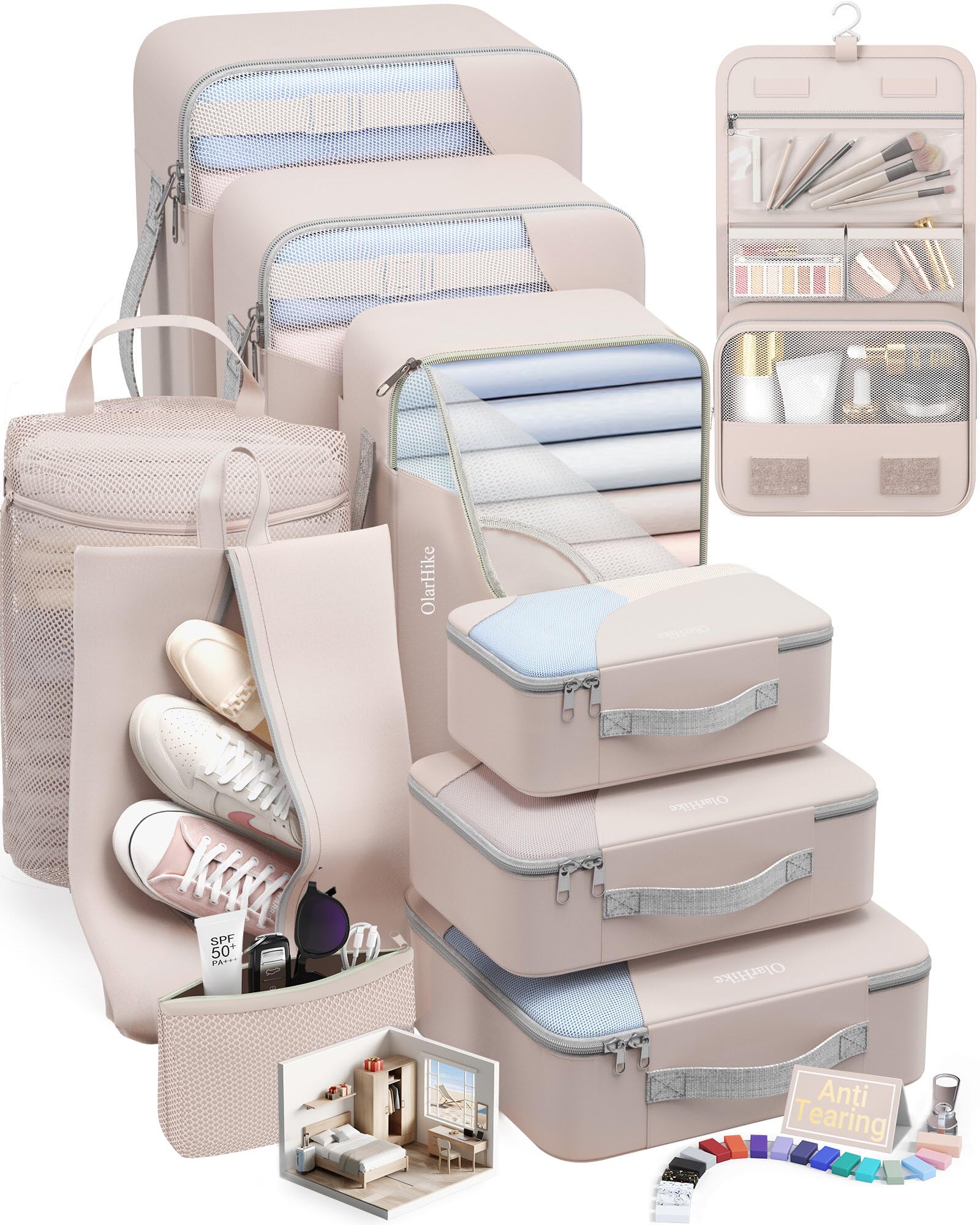 10 Set Packing Cubes for Travel, Gifts for Women Mom,Anti-Tearing Suitcase Organizer for Luggage with Shoe & Hanging Toiletry Bag,OlarHike Vacation