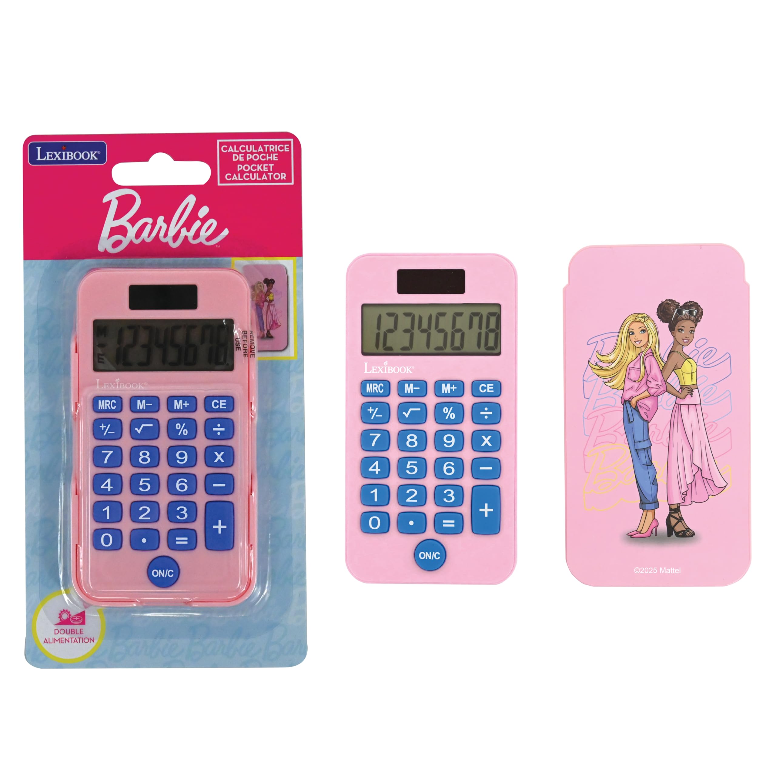 Lexibook, Barbie, Pocket Calculator with Protection Cover, Conventional and Advanced Calculator Functions, battery and solar-powered, Pink, C45BB