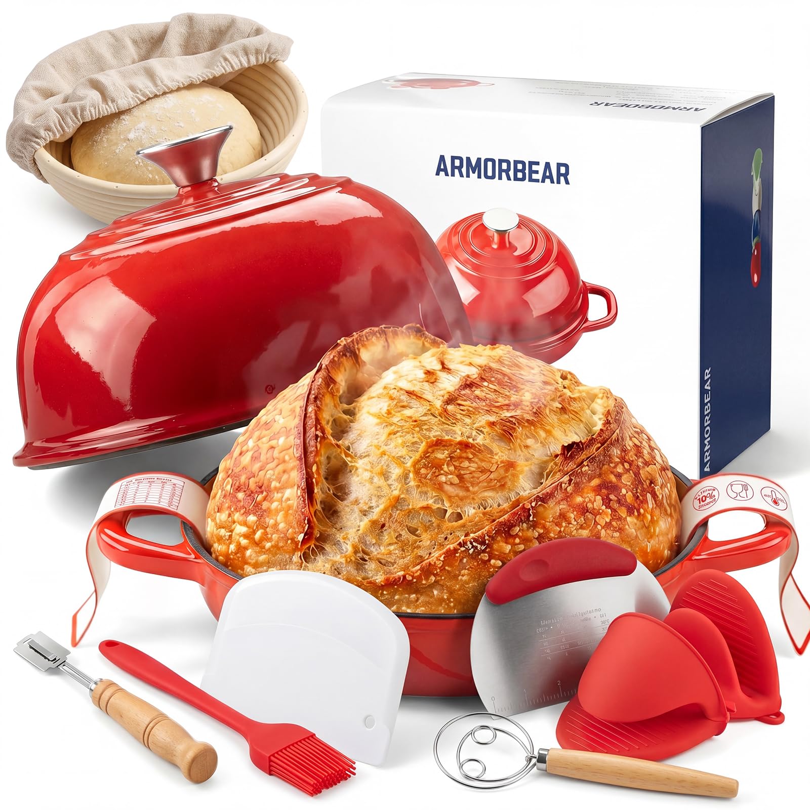 Armorbear Enamelled Dutch Oven for Bread Making with Sourdough Starter Kit, 4.7L Cast Iron Dutch Oven Pot, Round Cast Iron Bread Pot with Dome Lid for Homemade Bread, Gift for Sourdough Bakers