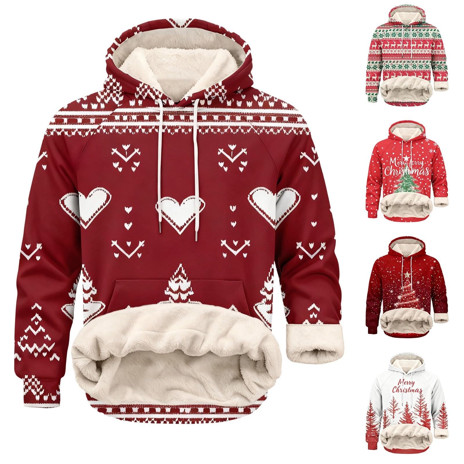 Sudaderas con capucha de Navidad forradas de forro polar para hombre divertido árbol de Navidad reno sudadera tallas grandes vestidos navideños tops de manga larga cálido jersey sherpa novedad traje