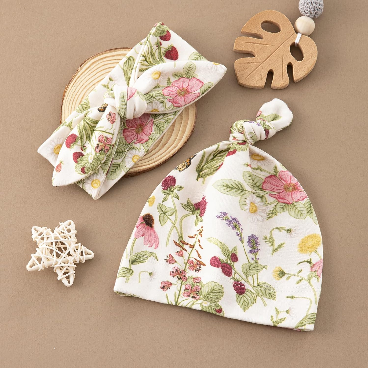 BabyWhale Muslin Swaddle Blanket with Hat and Headband Bow, Floral Pattern Swaddle Set for Baby Boys & Girls, Unisex Newborn Soft Receiving Swaddle Wrap, 47x47 inches - Image 5