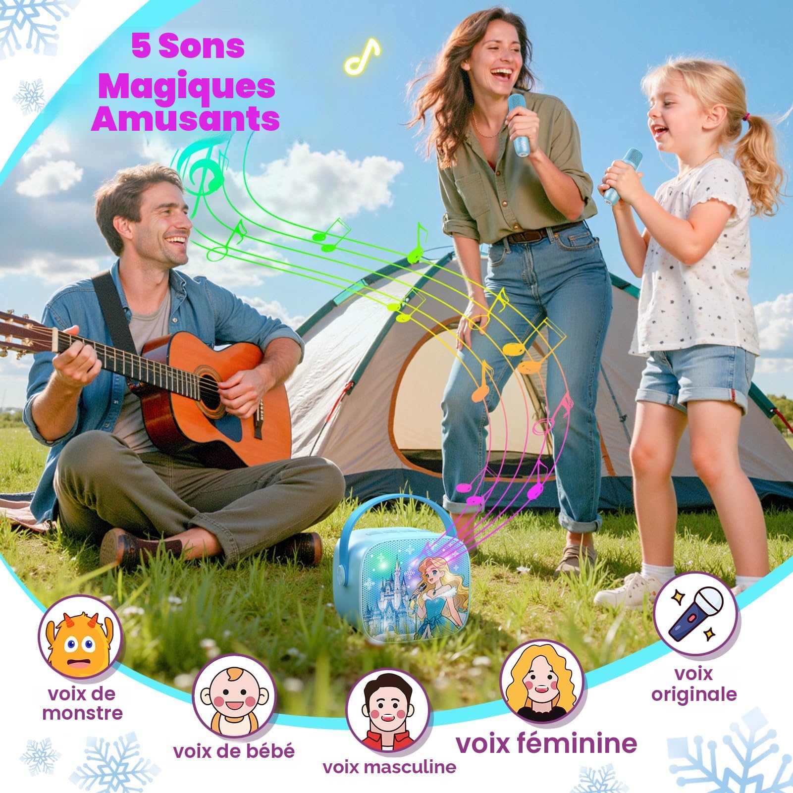 Braxel Micro Karaoke Enfant, Kit Karaoké Bluetooth Thème La Reine des Neiges avec 2 Micros, Effets Vocaux et Lumières LED, Haut-Parleur Portable, pour Filles 3-12 Ans (Bleu)