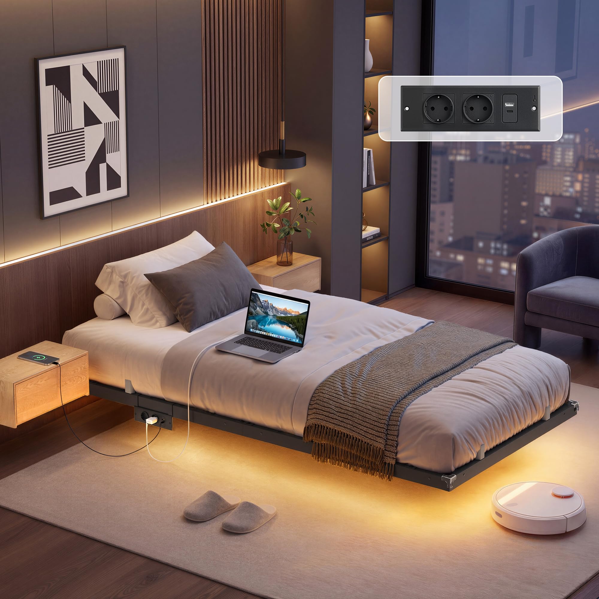 VASAGLE Marco de Cama 90 x 190 cm, Luces LED, Estación de Carga Extraíble, 2 Tomas CA, 1 Puerto USB-C, 1 Puerto USB-A, 1 en Posterior, Soporta hasta 250 kg, Negro Tinta RMB171B101