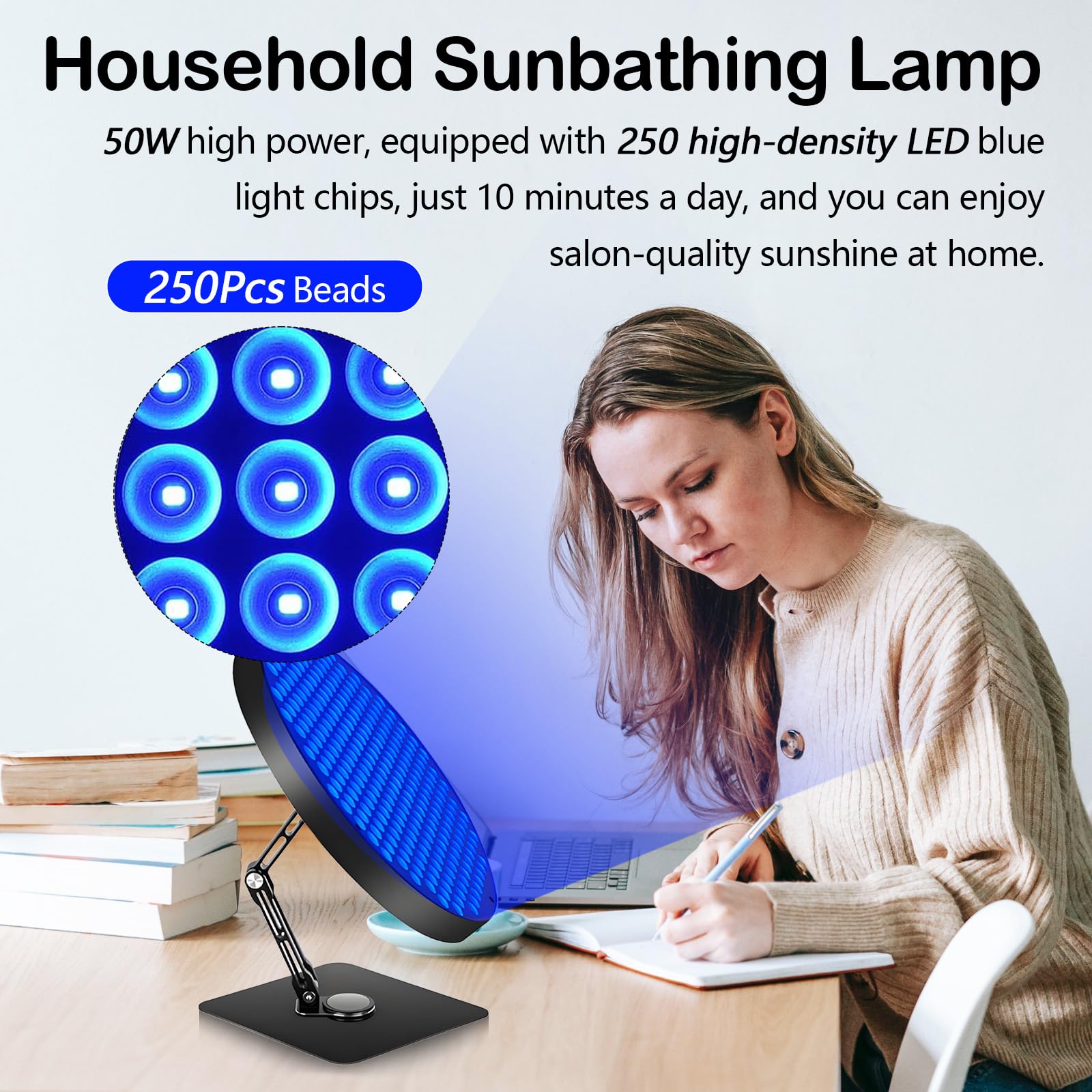 Bräunungslicht Solarium, Solarium für Zuhause 50W Tischplatte 460NM Bräunungslampe mit 250 Leds Blaues Licht Gesichtsbräunungslampe 360° Verstellbare Gesichtssolarium mit Zeitschaltuhr