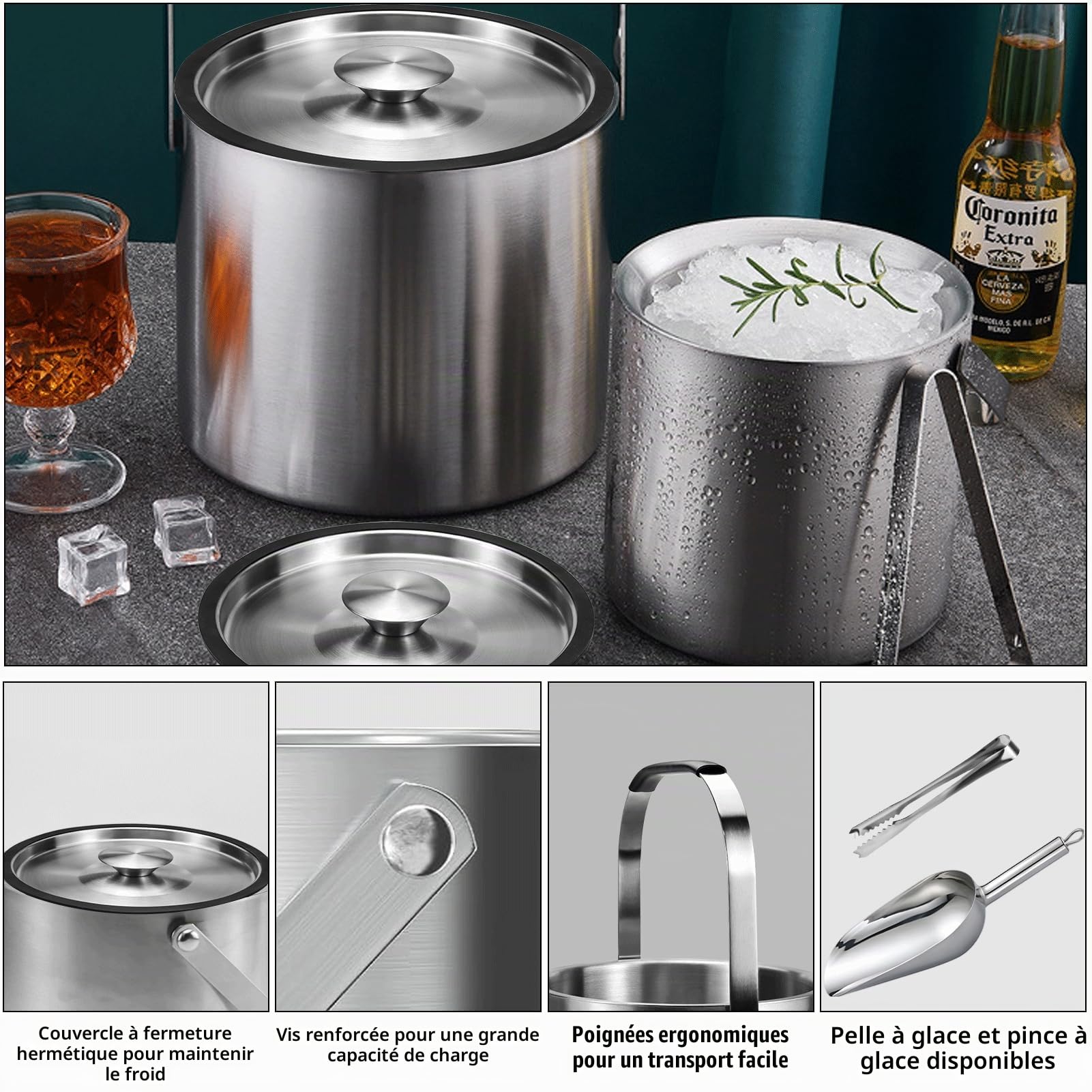 Seau à Glace en Acier 4L Seau à Glace Isotherme Double paroi | Seau à Champagne Inoxydable avec Couvercle, Pince à glaçons Pelle Passoire, Rafraîchisseur pour Champagne Vin Boissons Bière