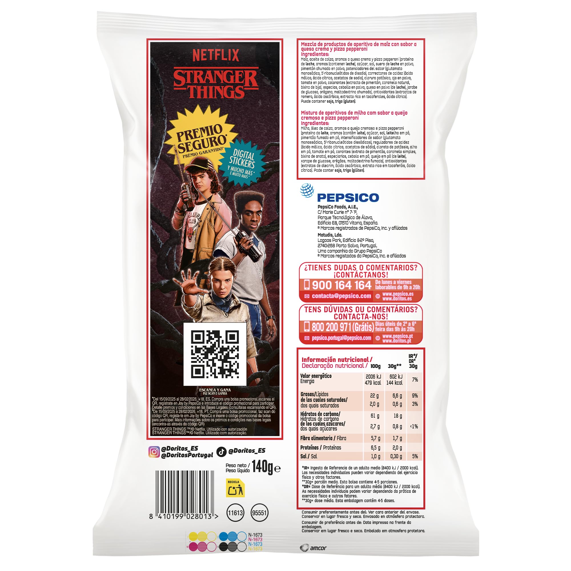 Doritos collisions stranger things, dos sabores sufer boy pizza y stranger ranch, 140 gramos