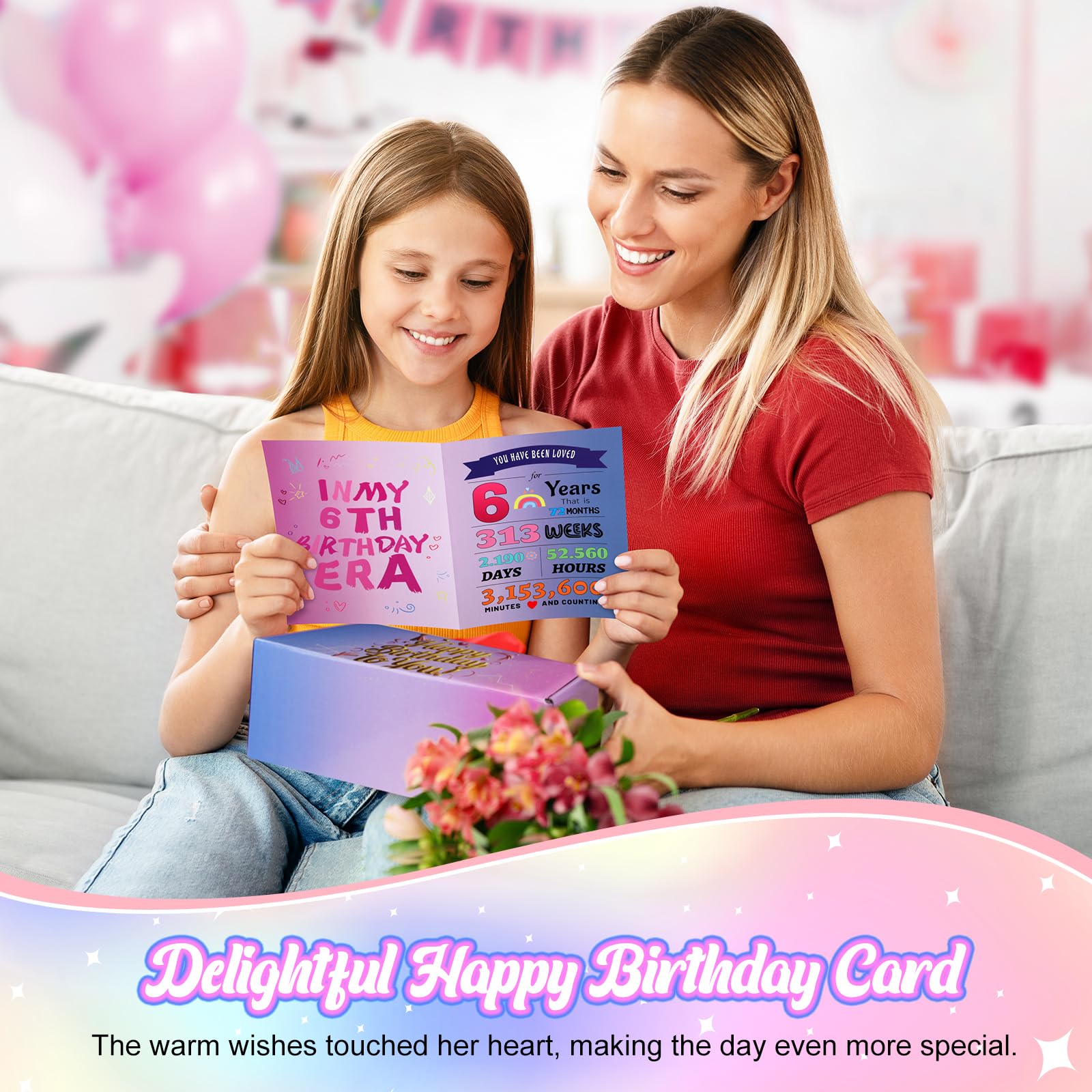 6 Year Old Girl Birthday Gift Set, Gifts for 6 Year Old Girls with Glass Cup (16oz), Socks, Pearl Necklace, Beaded Bracelet, Birthday Hat, Sash & Card