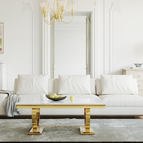 Miniatura 6 de Asday Mesa de centro dorada y blanca, mesa de centro rectangular de mármol dorado, mesa central elegante de lujo para sala de estar, pasillo de