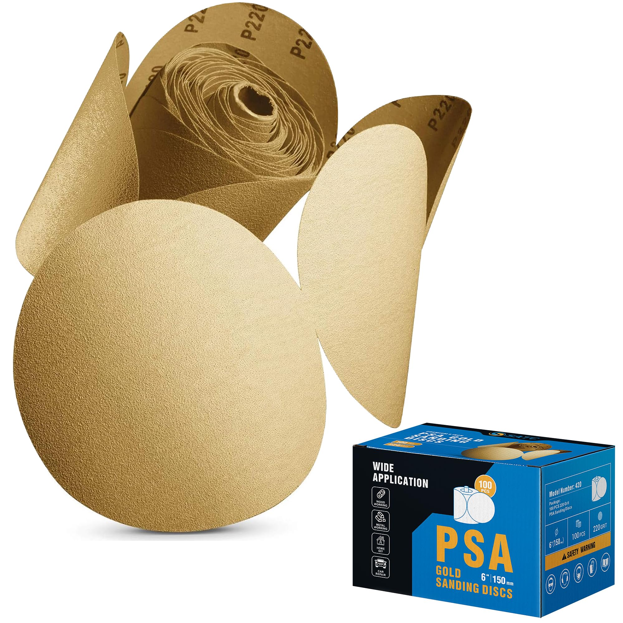 S SATC 100 PCS PSA Sanding Discs 6 Inch Adhesive Backed Sandpaper 220 Grit Sander Attachment for Drill Self Stick Aluminum Oxide Round Automotive