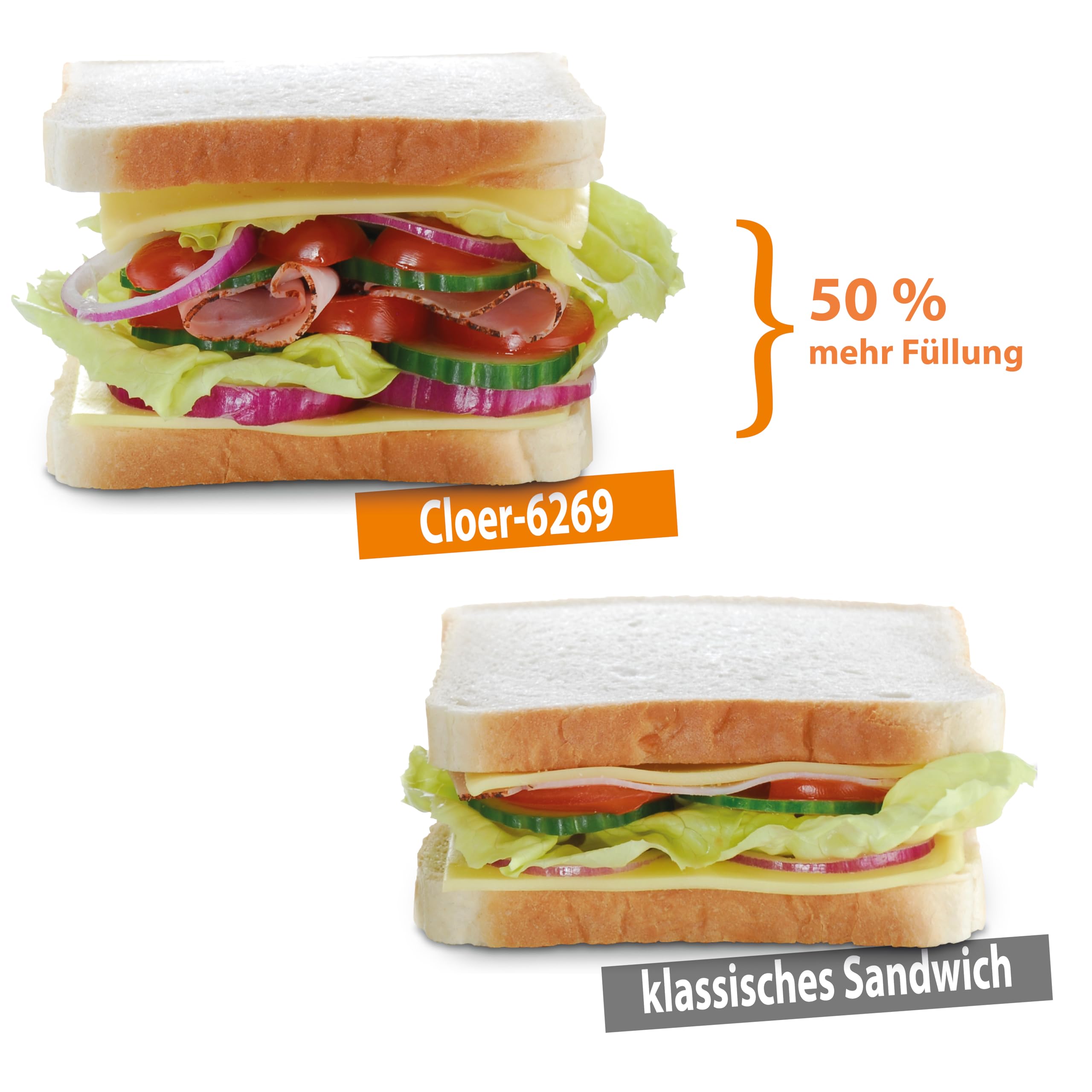 Cloer 6269 Tostiera XXL per Sandwich/Tramezzini, Toast Americano per Farciture XXL, per 8 tramezzini alla volta, 1800 W, spia di cottura, rivestimento antiaderente, color argento