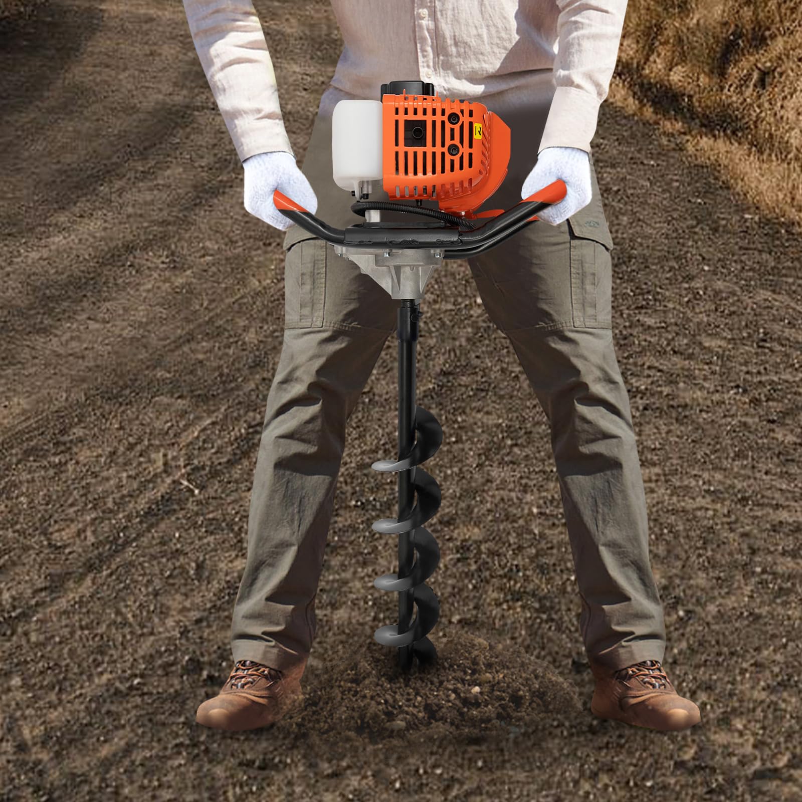 Tarière à essence 52 cc avec 3 forets (100/150/200 mm) | Profondeur de perçage 1,98 CV & 108 cm | Économie de carburant 600 g/kWh + amortissement des vibrations | Avec rallonge et kit d'accessoires
