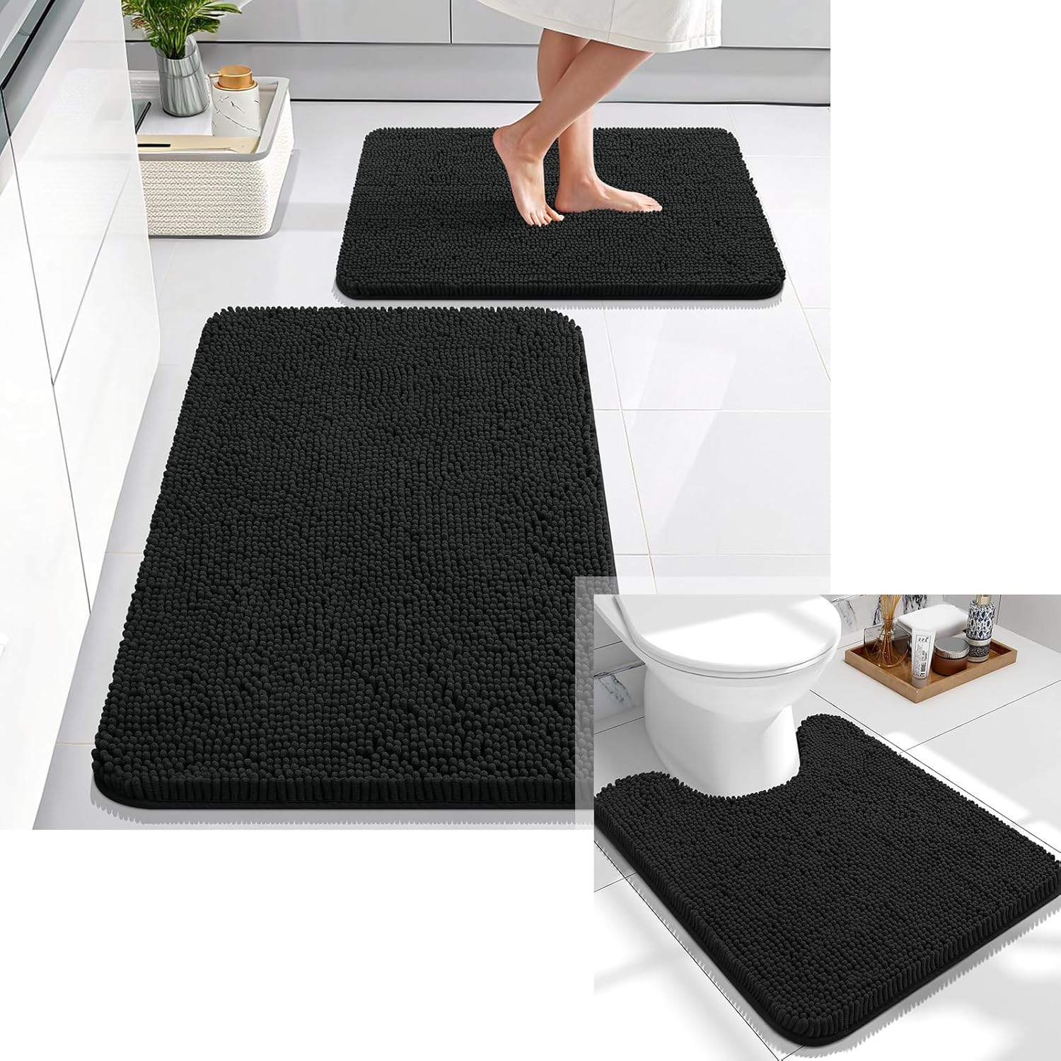 OLANLY Chenille Bath Rug and Toilet Rugs U-Shaped, Bath Rug Size 24x20 and Bathroom Rug Set Size 30x20+24x16 in Black, 3 Item Bundle