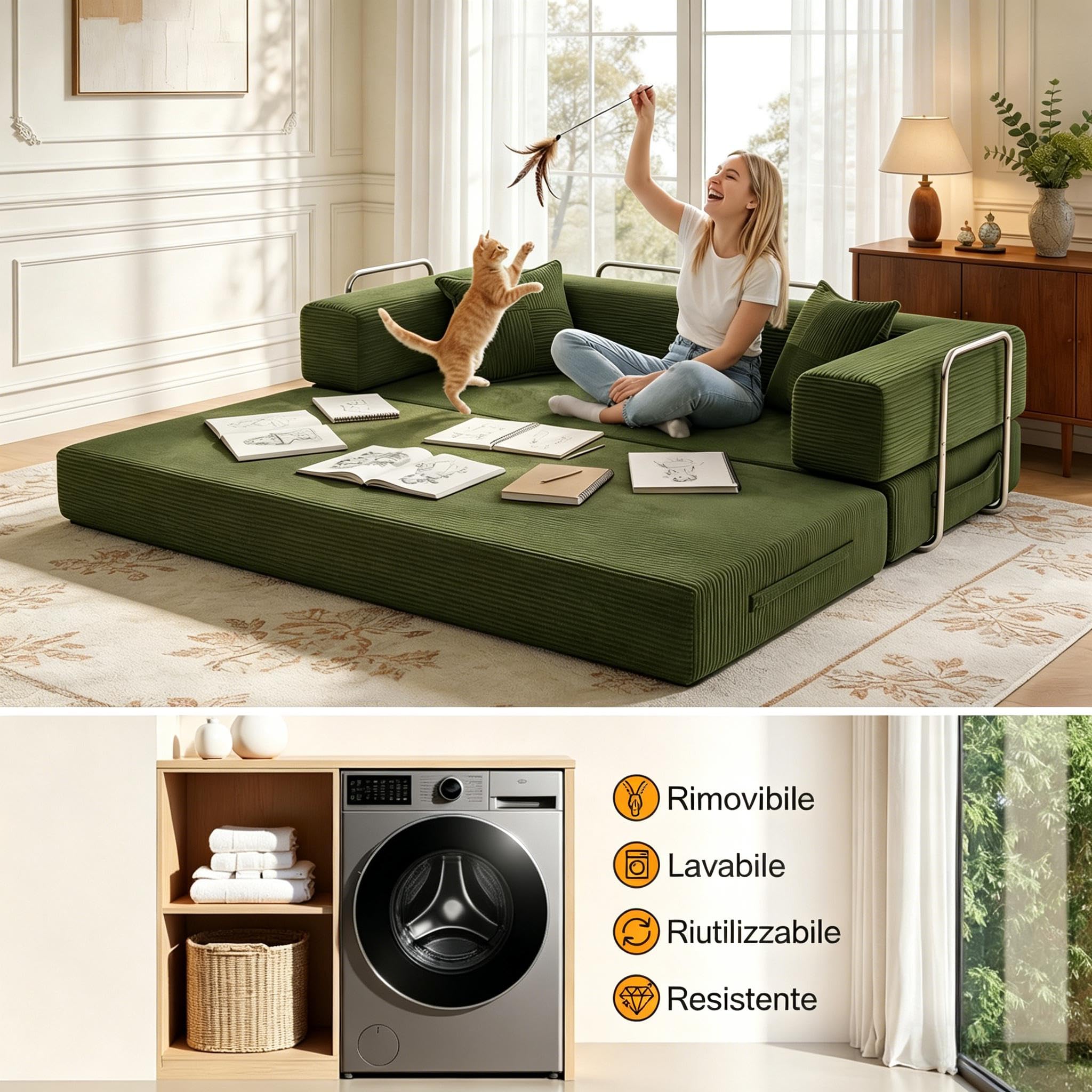 Vipbear Divano disossato, divano a 3 posti in velluto a coste 200 cm, letto pieghevole 5 in 1 convertibile con 2 cuscini in memory foam per camera da letto, verde | Cabrio