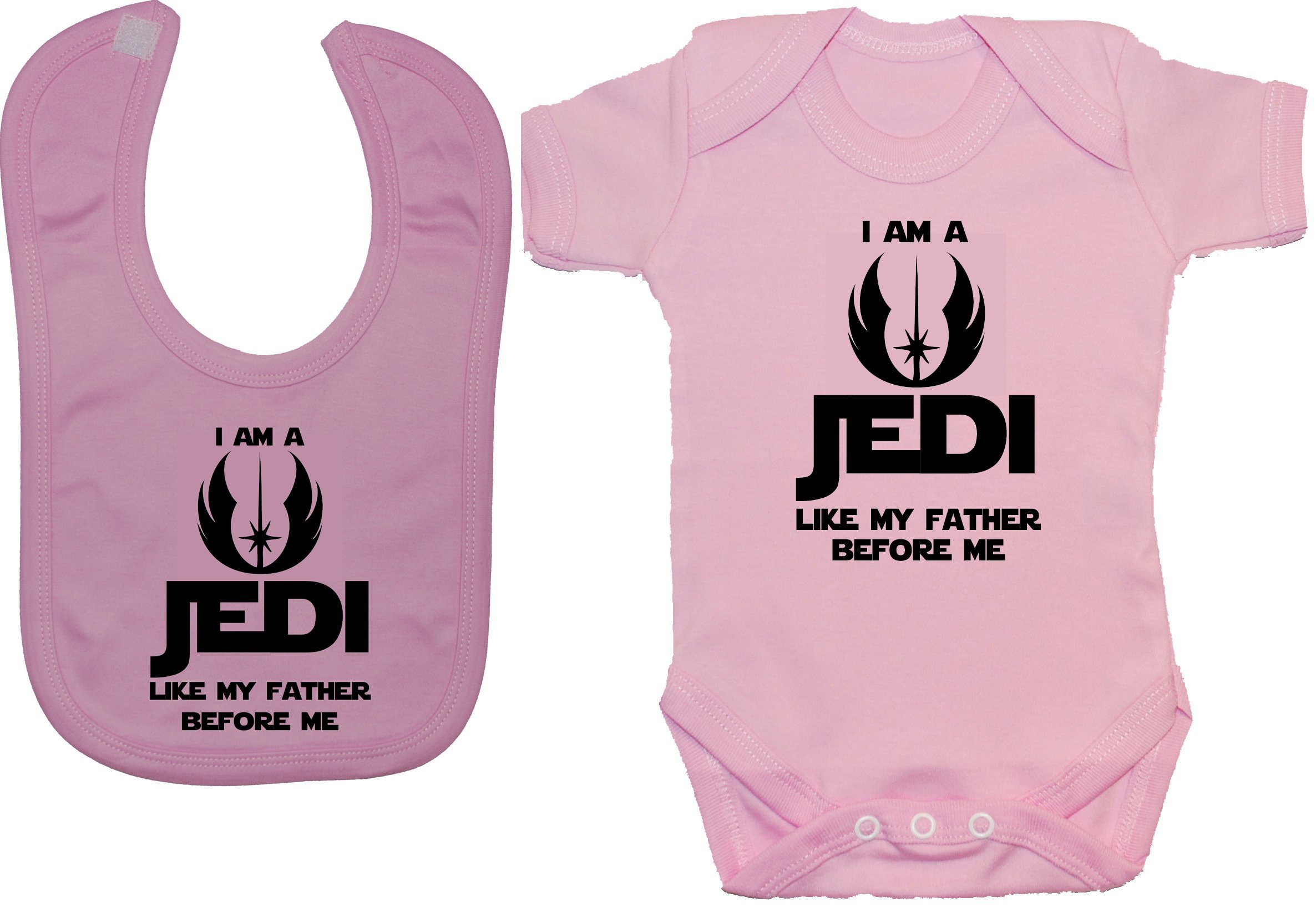 Acce Products I Am a Jedi Like My Father Before Me Baby Bodysuit/Romper & Feeding Bib - 0-3 Months - Pink