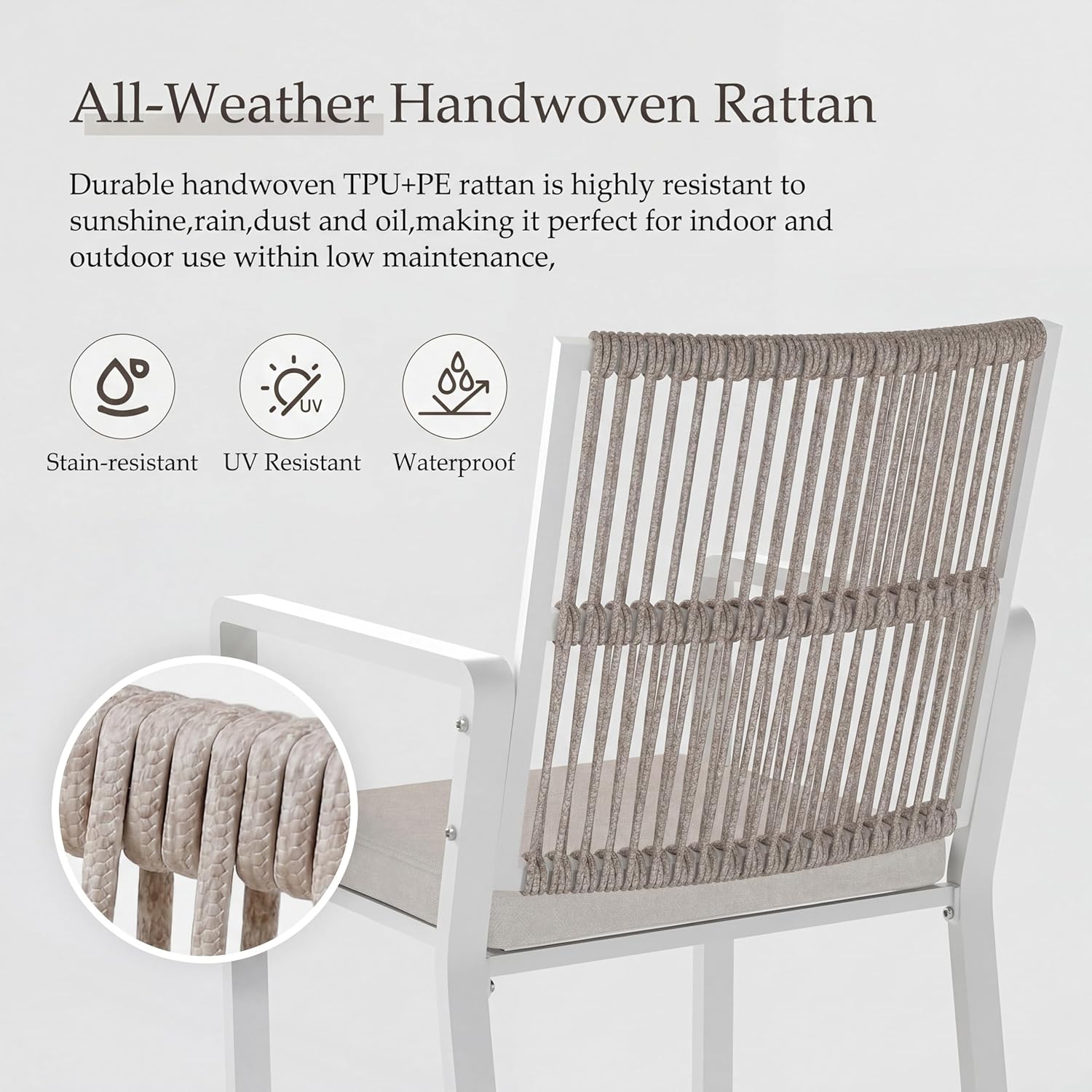 Outdoor Patio Wicker Rattan Dining Chairs, Heavy-Duty Wrought Iron Frame Supports 400lbs, Ergonomic Backrest, Detachable Breathable Cushion, for Garden & Porch, White, Set of 2