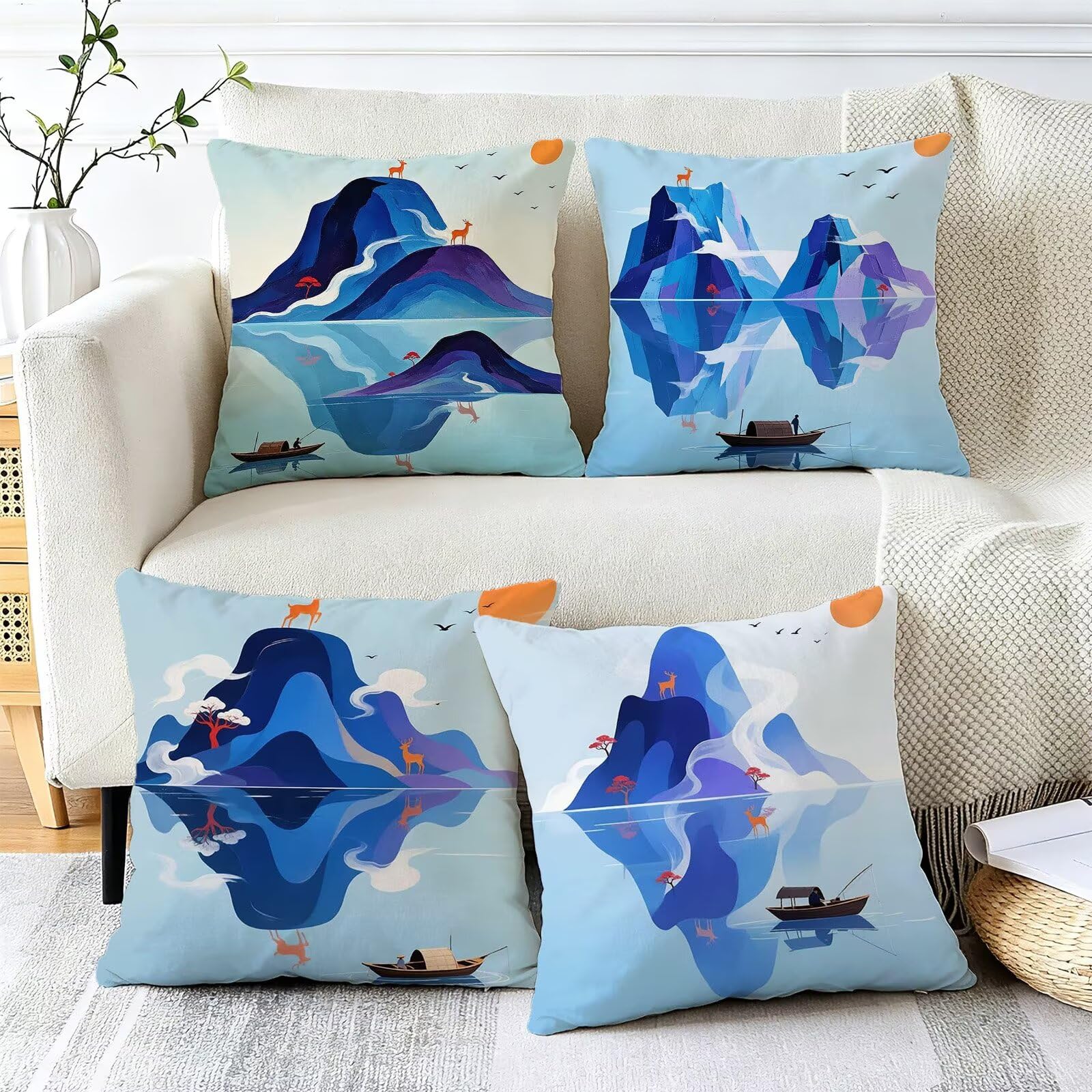 Blu Federe Cuscini Divano 50x50cm, Cuscini da Esterno Set de 4, Cod-93 | Velour Copricuscini Decorativi Letto Arredo, per Letto, Soggiorno, Giardino, Esterno, Casa Decorazione Set di 4 Paesaggio