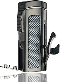 HONEST Isqueiro de Mesa para Charutos de Tamanho Grande À Prova de Vento Isqueiro de Metal Tocha Butano 4 Jet Red Flame Isqueiro Recarregável com Duas Ferramentas Perfurador de Charuto e Tesoura de Ch