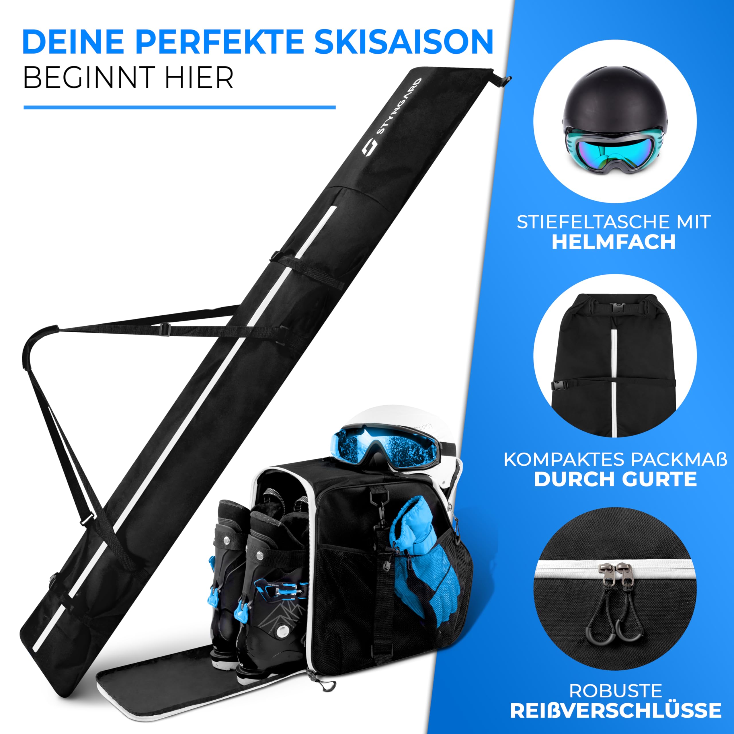 STYNGARD Skitasche Set Skisack [140 cm bis 200 cm] und Skischuhtasche mit Helmfach [40 L] - Skitasche und Stiefeltasche mit Lüftungsgitter Modell Vancouver