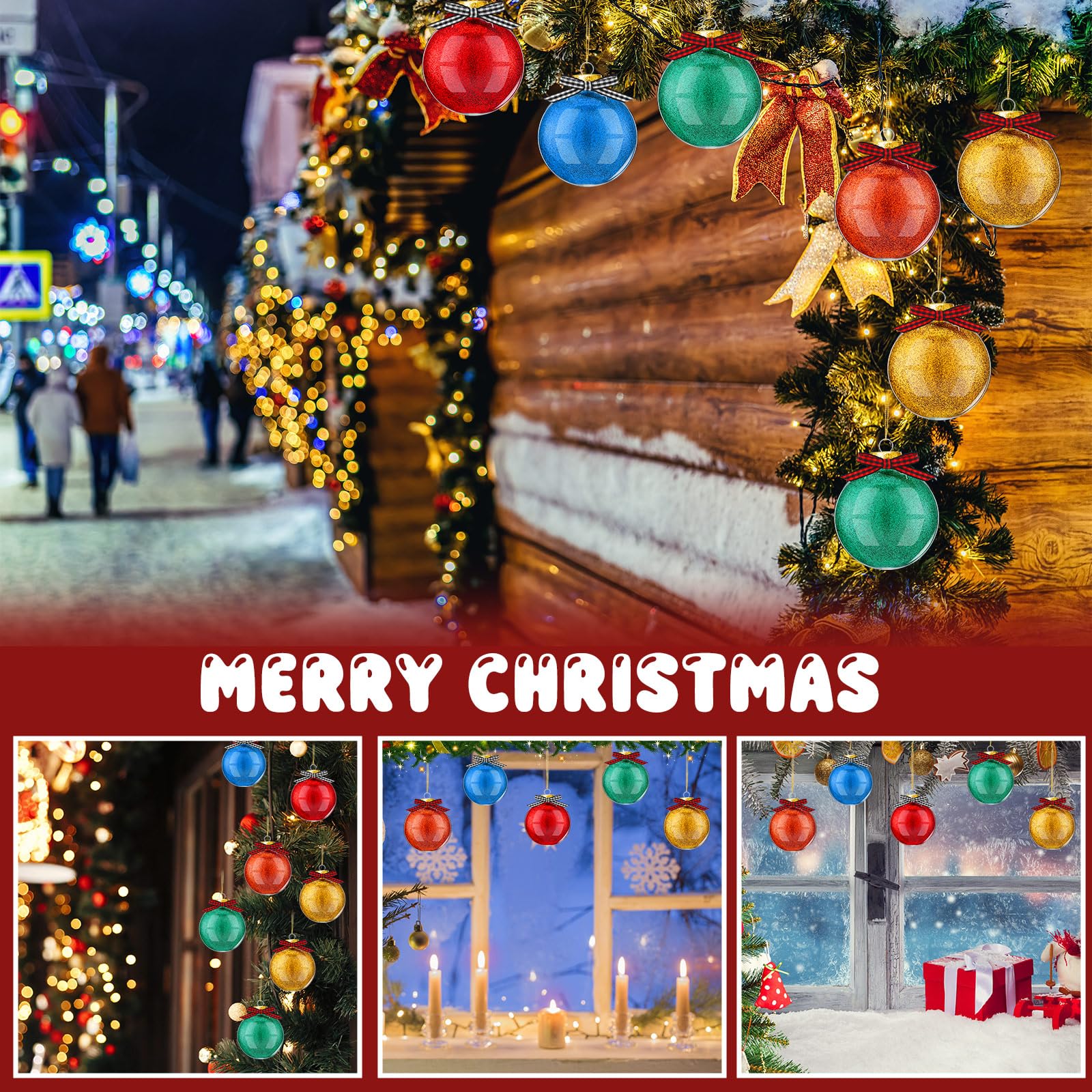 Hiboom Lot de 48 boules de Noël en plastique transparent à remplir avec paillettes de 12 couleurs et ruban de Noël de 20 m pour loisirs créatifs, décoration à suspendre (doré)