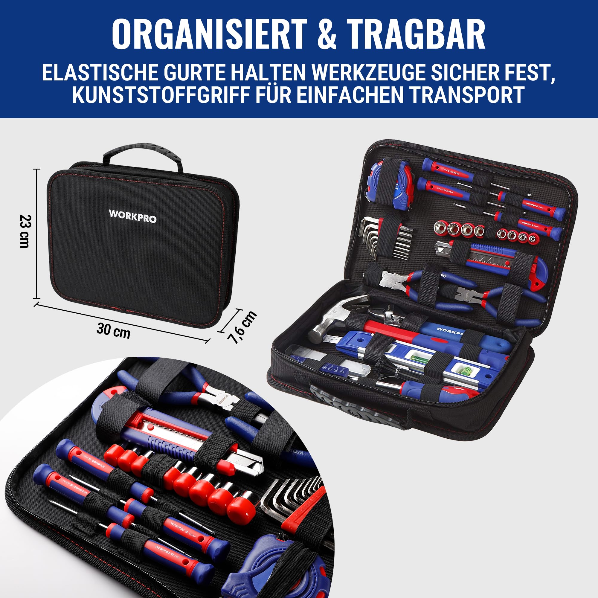 WORKPRO Werkzeugset Universal und Haushalts-Werkzeugkoffer 100-teilig Werkzeugsatz Mechaniker, perfekt für leichte Heimarbeit und Reparatur mit Hammer Zange Schraubendreher Messer Schlüssel Maßband