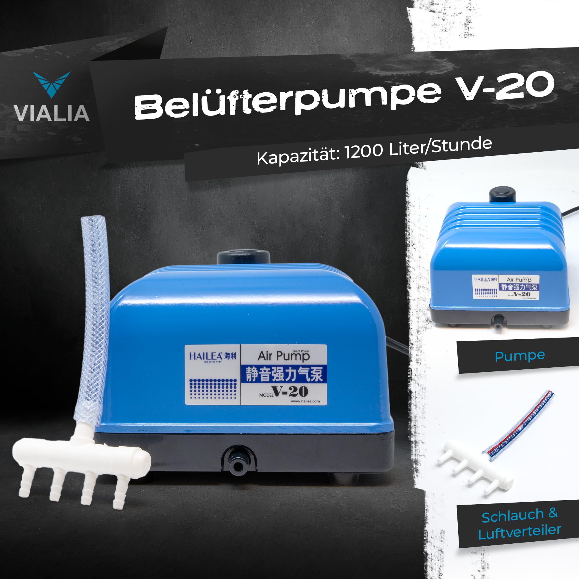Teichbelüfter V-20 | Leistungsstarke 20W Sauerstoffpumpe | Hoher Luftstrom durch doppelte Luftkammer | Robustes Aluminiumgehäuse & einfache Wartung | Ideal für Koi- & Gartenteiche