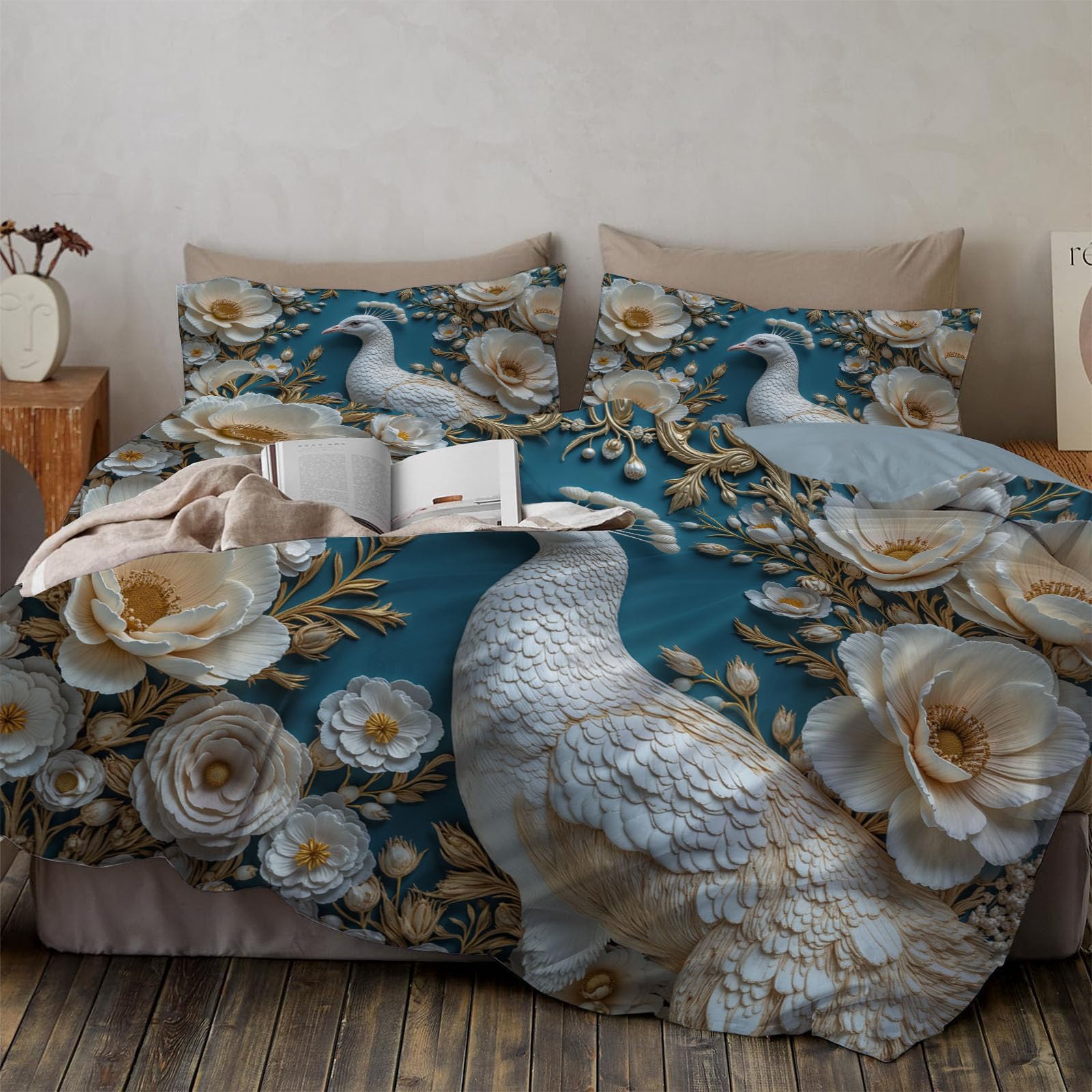 Copripiumino Matrimoniale Lusso Sollievo Floreale, Set di Biancheria da Letto Microfibra 3 Pezzi, Parure Copri Piumino 220x240cm e 2 Federa 50x75, Bianco Copritrapunta con Cerniera