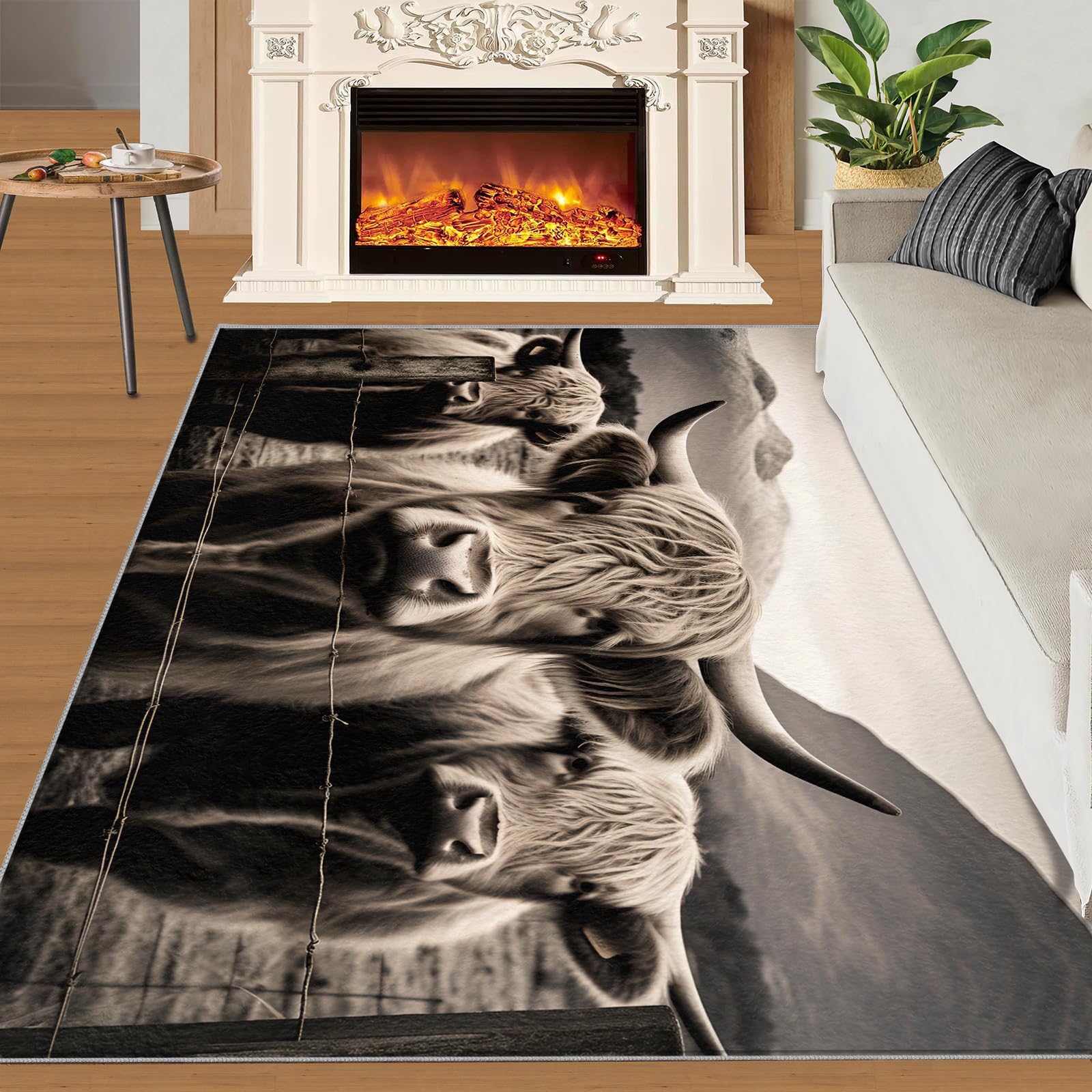 Highland Cow Teppich 80 x 120 cm – rutschfest, waschbar, Bauernhaus-Tier-Design, Indoor-Teppich für Schlafzimmer, lustiges süßes Kuh-Thema für Kinder, Jugendliche und Jungen, grau-weiße