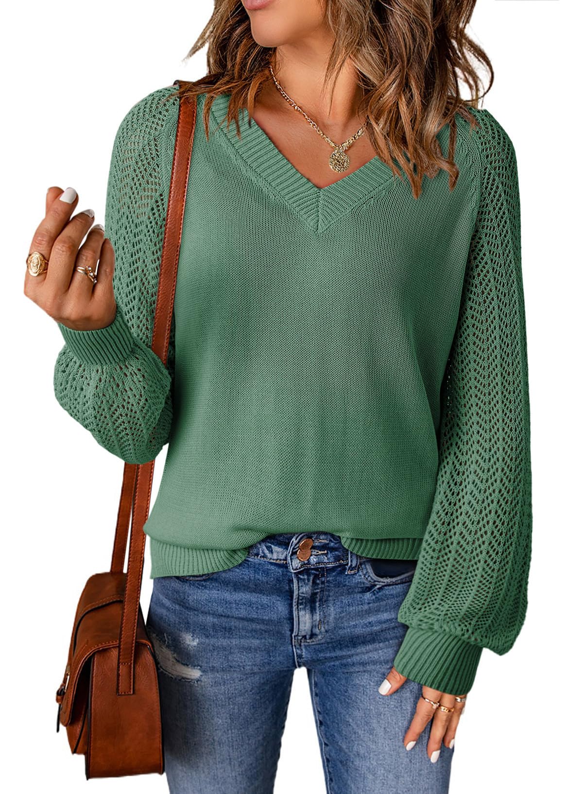 Dokotoo Womens Casual V-Neck Long Sleeve Sweaters Solid Color Pullover Knit Sweater Jumper Tops