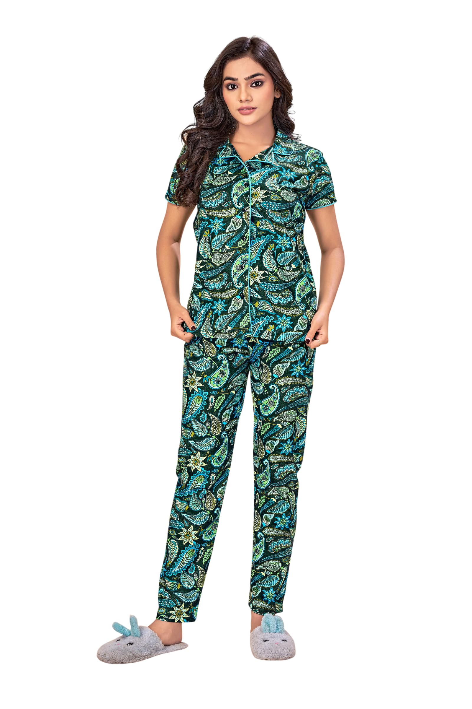 Women's Teal Paisley Print Night Suit | Half Sleeve Shirt with Full Length Pyjama | Printed Sleepwear Lounge Wear Home Wear Co-Ord Set for Women-image-43