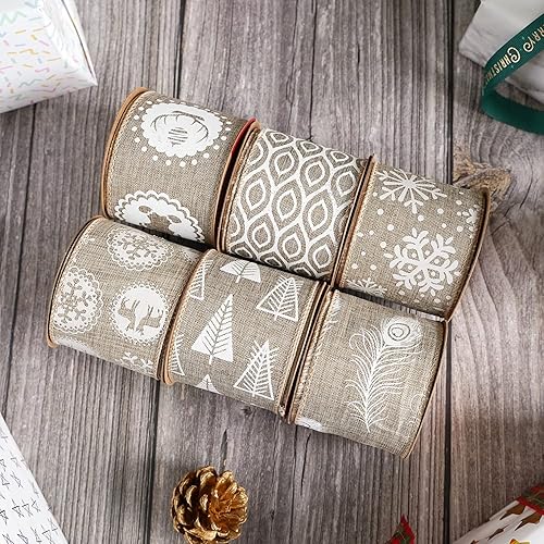 Miniatura 9 de MEEDEE - Cintas de Navidad de 2.5 pulgadas, 6 rollos, 36 yardas en total, arpillera blanca con alambre y diseño blanco, para decoración de árbol de