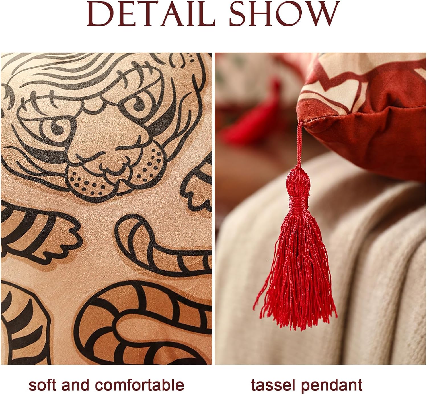 patdrea Designer Chinoiserie Throw Pillow Covers 18x18 Inch Pack of 2,Vintage Festive Red Velvet with Cartoon Tiger Pattern,Decorative Square Pillowcases Cushion for Bed Living Room Outdoor Car